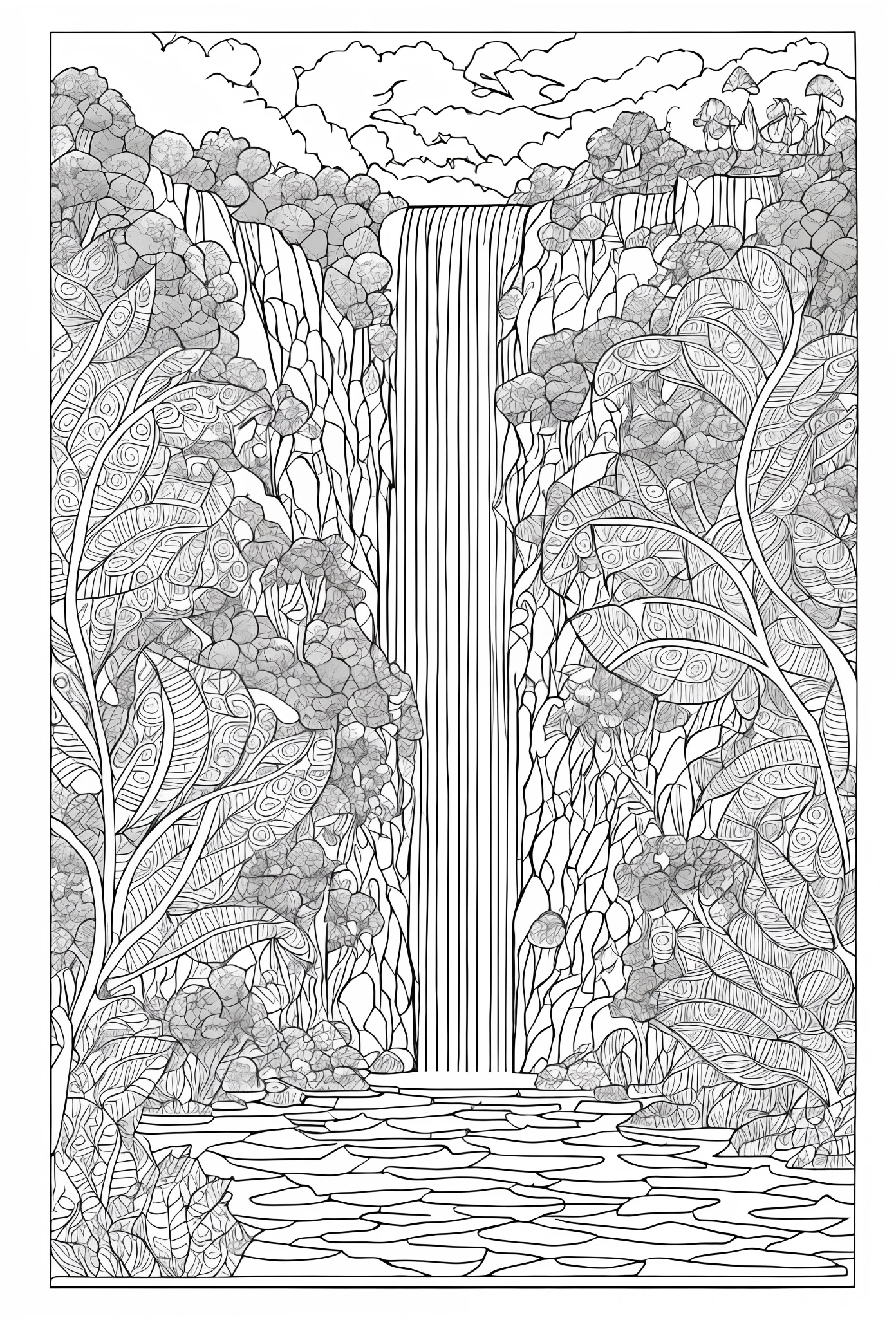 Waterfall coloring page for adults, clean line art , mandala, high detailed, white background, mandala, white, black, coloring book, sketchbook, realistic sketch, free lines, on paper, character sheet, 8k