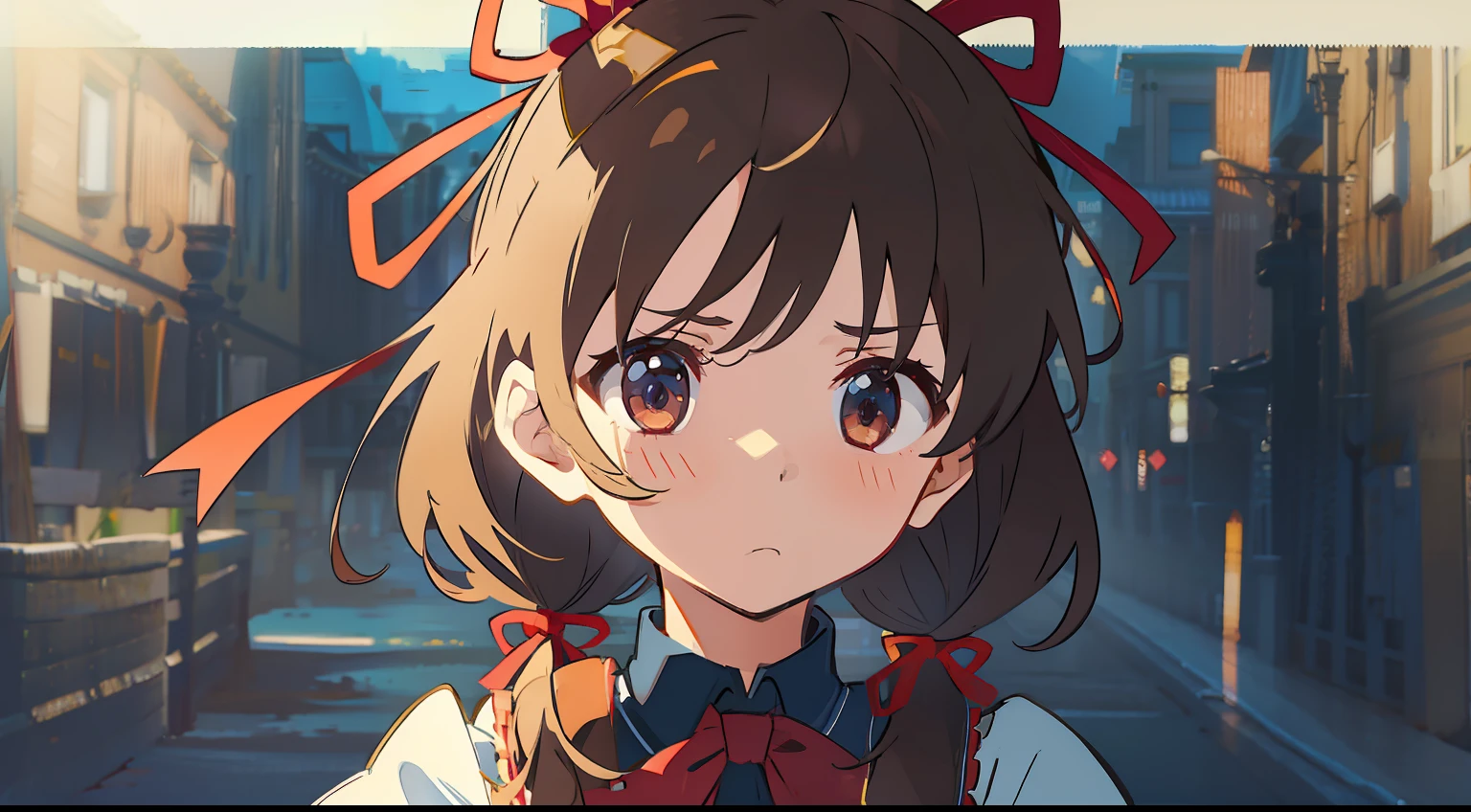 One girl、Have a gun、battle garments、Ribbon on the head、masterpiece、Top image quality、top-quality、cute little、uneasy、Brown hair、1Tsuknot