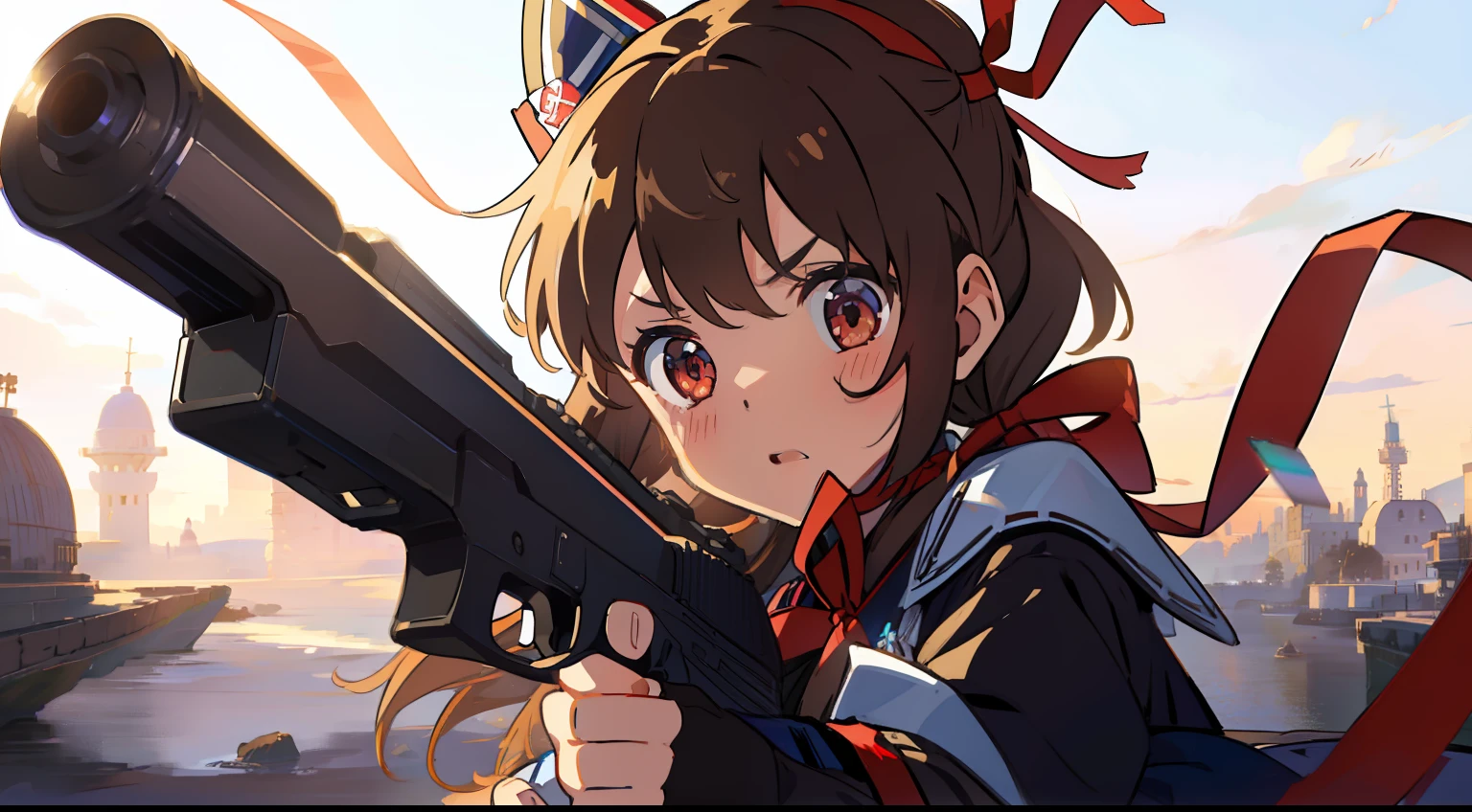 One girl、Have a gun、battle garments、Ribbon on the head、masterpiece、Top image quality、top-quality、cute little、uneasy、Brown hair、1Tsuknot