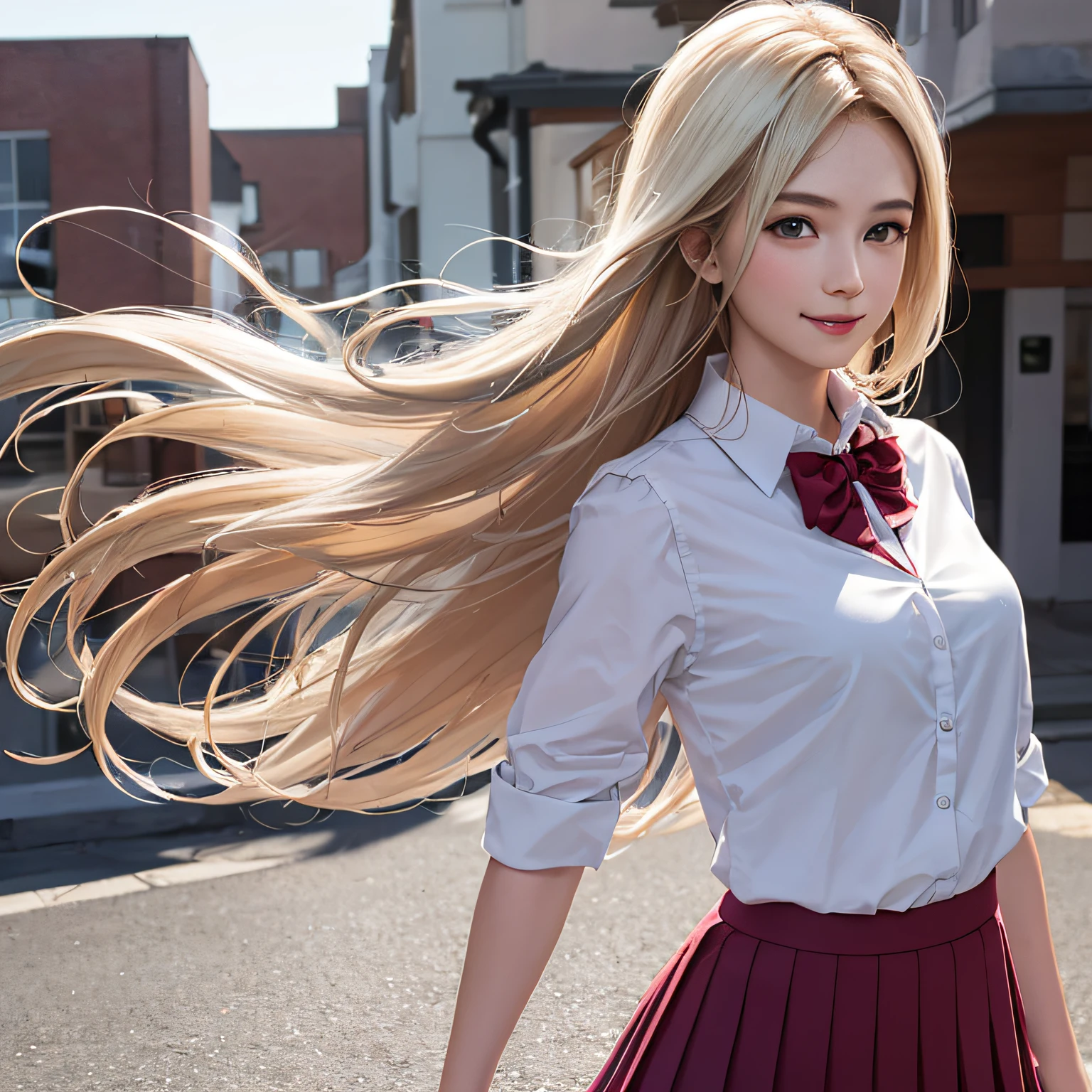 (8K, RAW Photos, of the highest quality, Masterpieces: 1.2), (Realistic, Photorealistic: 1.37), Highest Quality, Ultra High Resolution, light leaks, Dynamic lighting, Slim and smooth skin, (Full body:1.3), (Soft Saturation: 1.6), (Fair skin: 1.2), (Glossy skin: 1.1), Oiled skin, 22 years old, Night, shiny white blonde, Well-formed, Hair fluttering in the wind, Close-up shot of face only, Physically Based Rendering, From multiple angles, A big smile, School uniform, Pleated skirt, Beige vest, thunderstorm, The Flash,