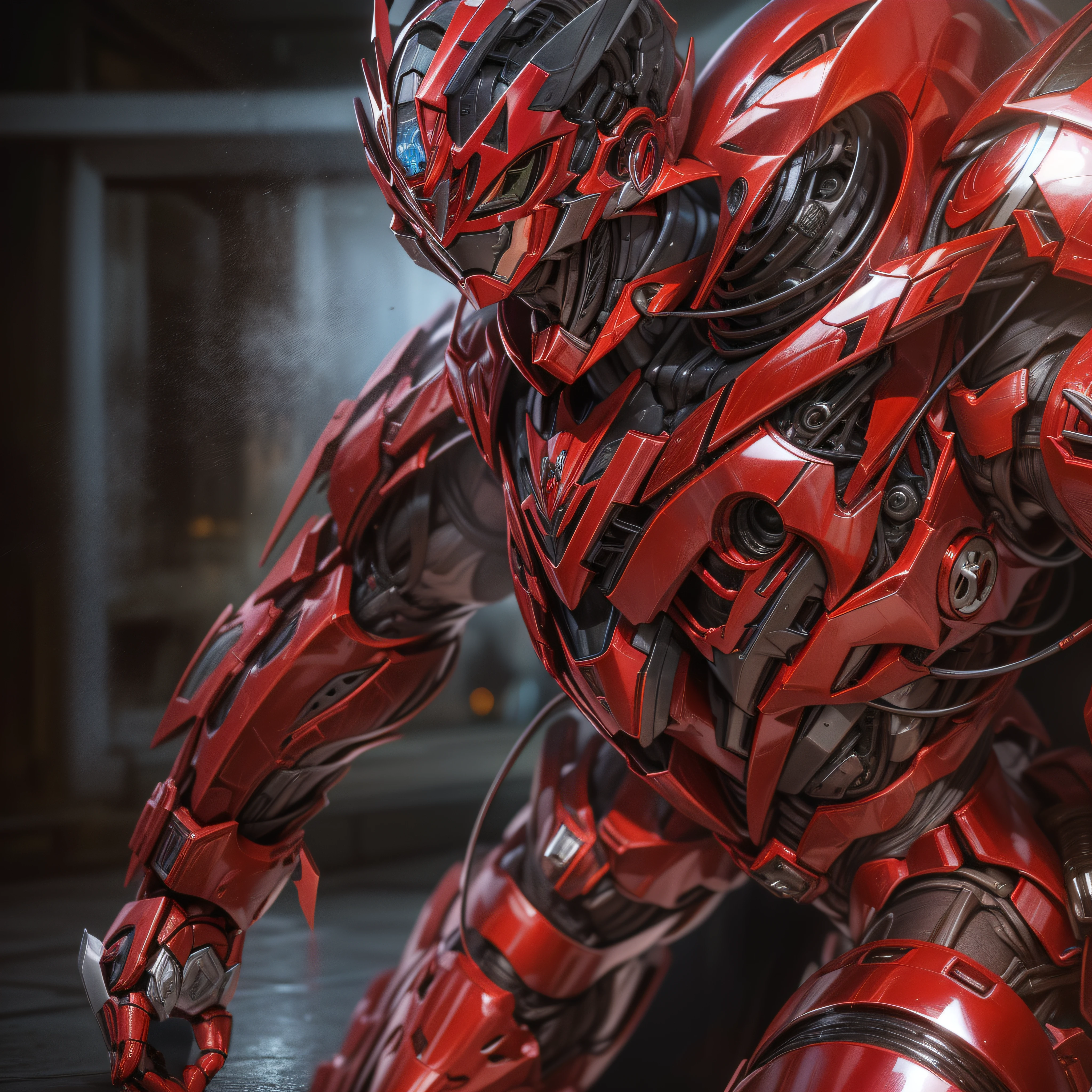 Handsome man, made of red metal, (Red Cyborg: 1.1), (((Red Power Ranger's style helmet with chrome face plate))), ([Tail | Detail Wire]: 1.3), (Complex Detail), HDR, (Complex Detail, Ultra Detail: 1.2), Cinematic Shot, Masterpiece, Best Quality, High Resolution, Vaginal Foreign Object Insertion, Centering