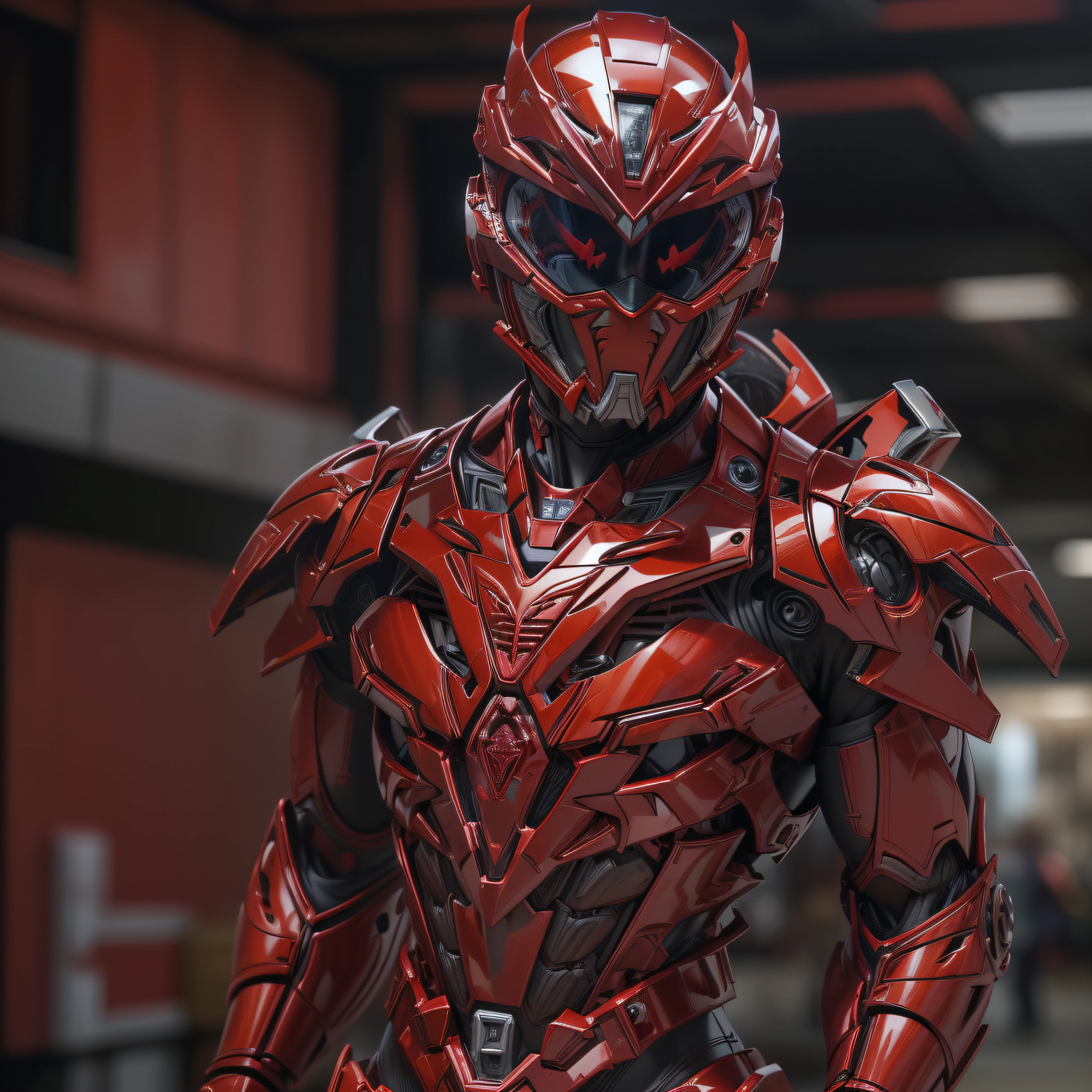 Handsome man, made of red metal, (Red Cyborg: 1.1), (((Red Power Ranger's style helmet with chrome face plate))), ([Tail | Detail Wire]: 1.3), (Complex Detail), HDR, (Complex Detail, Ultra Detail: 1.2), Cinematic Shot, Masterpiece, Best Quality, High Resolution, Vaginal Foreign Object Insertion, Centering