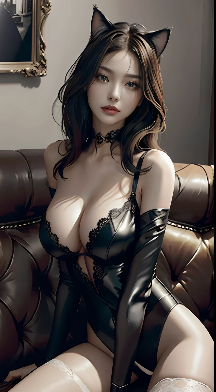 primitive,tmasterpiece,ultra fine photos,best qualtiy,超高分辨率,Photoreality,rays of sunshine,full-body portraits,stunningly beautiful,dynamicposes,delicated face,Delicate legs,Vibrant eyes,She wears a futuristic Catwoman costume,Tight gauze garment,cropped shoulders,Cat ears,Collapsed on a leather sofa,very highly detailed background,detailed face with,Detailed and complex busy background,Untidy,opulent,milkyW,Highly detailed hands,Realistic details of skin,Visible Pore,tack sharp focus,volume fog,8K UHD,digital SLR camera,high qulity,filmgrain,White skin of the,photo-realism,lomo graphy,Huge metropolis in a dystopia of the future , look from down, Clothes transparent,Wait with open legs,big breasts exposed cleavage,Physical exposure,full bodyesbian