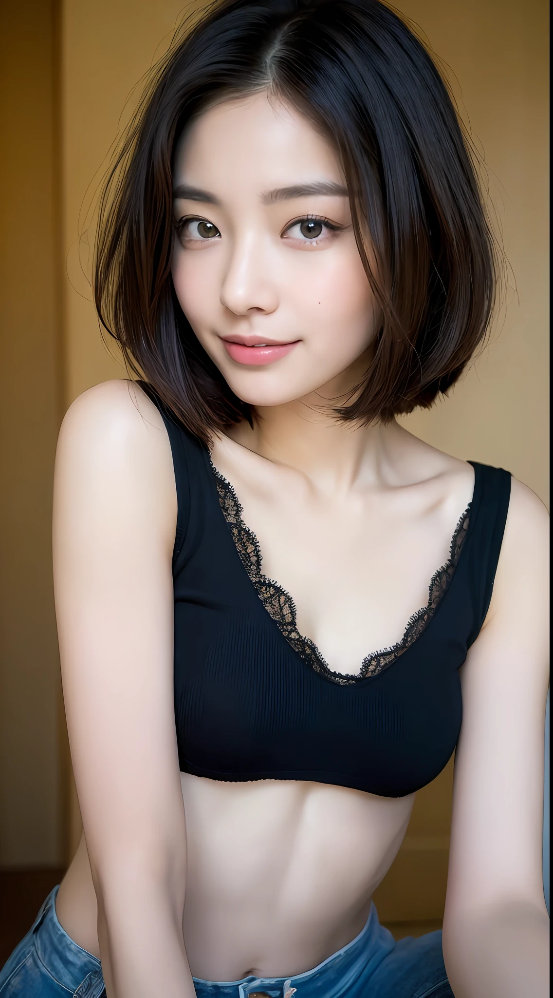 ((top-quality、8K、masterpiece:1.3))、japanes、24 year old、1girl in、Slim Abs Beauty:1.3、(Hairstyle Casual、Just right:1.2)、doress:1.1、Super fine face、Delicat eyes、二重まぶた、A smile、Home、(masuter piece:1.3)、(8K、Photorealsitic、Raw photography、top-quality: 1.4)、(1girl in)、beautiful countenance、(Lifelike face)、(A dark-haired、short-hair:1.3)、Beautiful hairstyle、realisticeyes、Beautiful details、(real looking skin)、Beautiful skins、absurderes、enticing、超A high resolution、A hyper-realistic、high-detail、the golden ratio