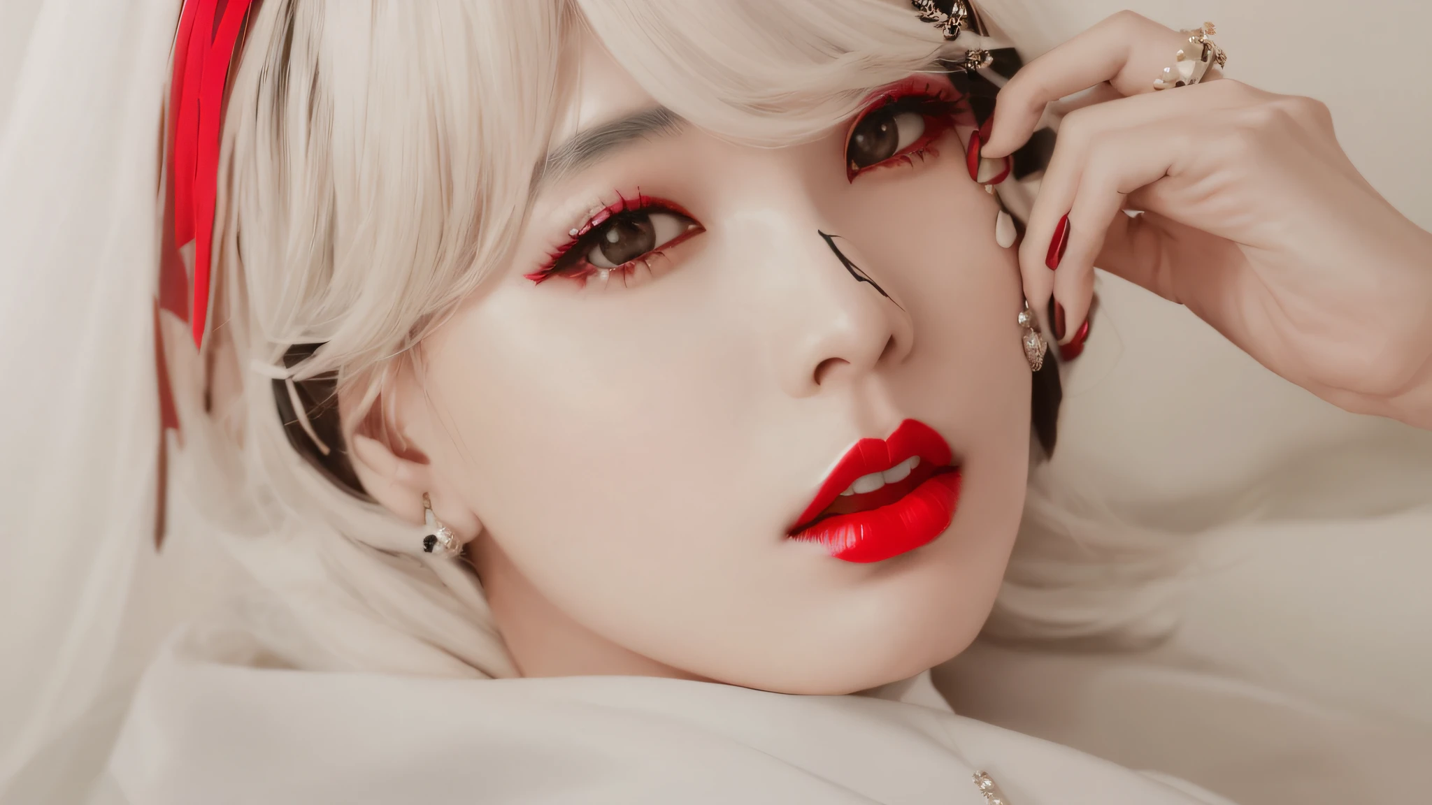 Black and white photo of a red-lipped arapi woman, inspired by Tang Sin Yun Sandara, sun yunjoo, inspired by Jeong Seon, portrait of female korean idol, author：Tang Xianyun Sundara, black and white and red colors, black white and red colors, [ Realistic photo ]!!, inspired by Kim Deuk-sin