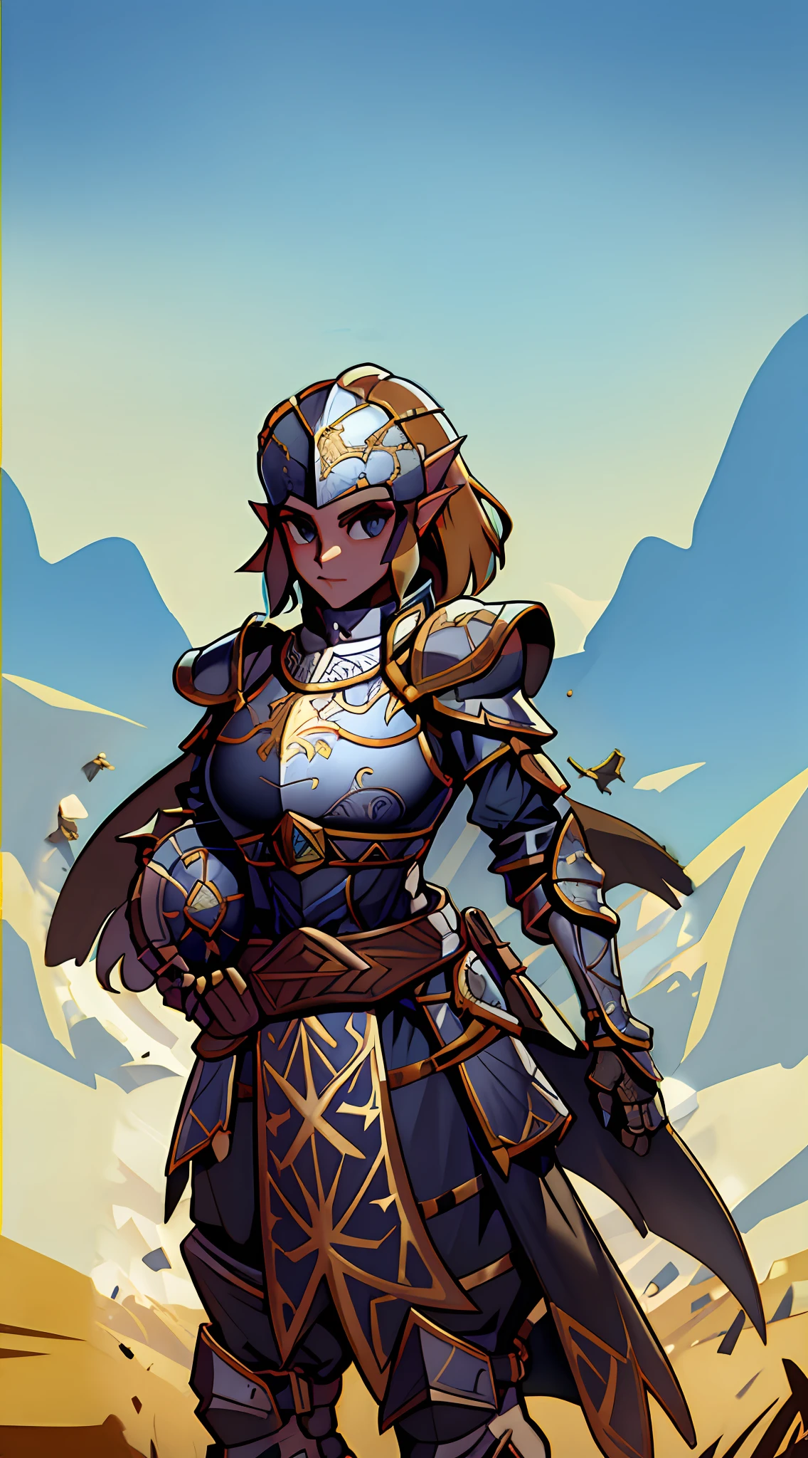 Botw Zelda wearing Heavy knight armor, Botw Themed Knight armor, Royal blue and gold body armor, thick armor plating, Gold accents with brown straps, brown belt with gold accents, Heavy Blue armor, Armored dress, Large knight armor, form-fitting knight armor, helmetless, helmet held in arm, wearing princess tiara, Botw Zelda looking at camera, Botw Zelda wearing thick knight armor with helmet, wearing heavy plate armor