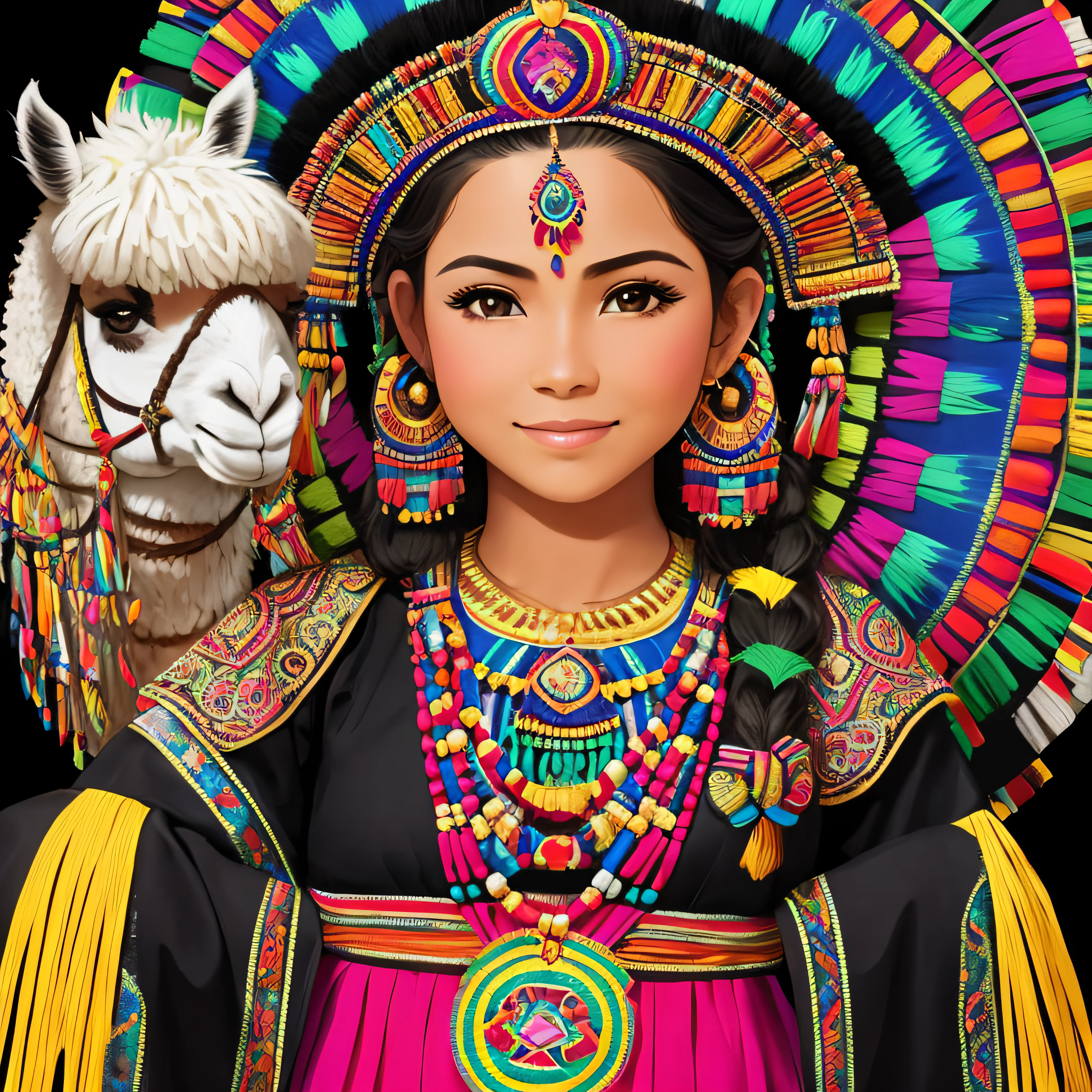 Beautiful woman in a colorful dress and hat smiling for the camera, Traditional costume of Cusco Peru, wearing authentic attire, Aspecto peruano, Vestimenta tradicional, Hermosa mujer peruana, Vestir atuendos tradicionales, Disfraz elaborado, elaboradamente disfrazado, Ropa tradicional, Usar ropa ornamentada, Ella es una hermosa mujer Peruana, Folclore Peruano, Estilo Inca, Vestimenta tradicional, Quechua!!, Toma de retratographic design t-shirt, flat design, cusco cholita, peruvian andes, ((cholita with her pet llama)), colorful tones, clean high detail, vector image, professional photography, color and paint explosion, color splatters, simple background, flat black background, bright vector ((black background)), masterpiece, best, ultra detailed), (best lighting, best shadow, extremely delicate and beautiful), traditional clothing, wearing ornate clothing, she is a beautiful peruvian woman, peruvian folklore, inca style, traditional clothing dripping mushroom vector graphic, incredibly high details, 16k, t-shirt design, incredibly bright high details, realistic glowing color,graphic design t-shirt, flat design, cusco cholita, peruvian andes, ((cholita with her pet llama)), colorful tones, clean high detail, vector image, professional photography, color and paint explosion, color splatters, simple background, flat black background, bright vector ((black background)), masterpiece, best, ultra detailed), (best lighting, best shadow, extremely delicate and beautiful), traditional clothing, wearing ornate clothing, she is a beautiful peruvian woman, peruvian folklore, inca style, traditional clothing --auto