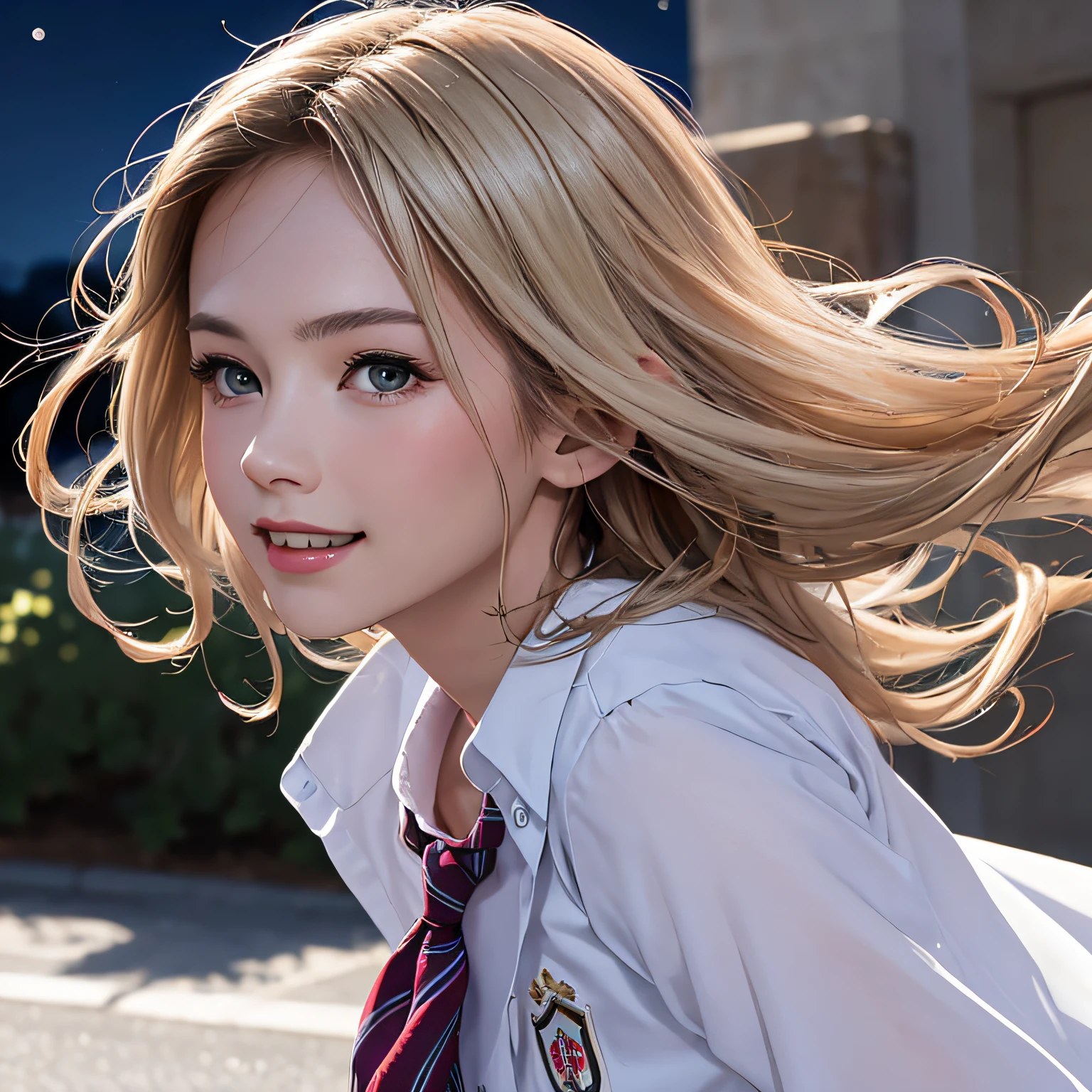 (8K, RAW Photos, of the highest quality, Masterpieces: 1.2), (Realistic, Photorealistic: 1.37), Highest Quality, Ultra High Resolution, light  leaks, Dynamic lighting, Slim and smooth skin, (Full body:1.3), (Soft Saturation: 1.6), (Fair skin: 1.2), (Glossy skin: 1.1), Oiled skin, 22 years old, Night, shiny white blonde, Well-formed, Hair fluttering in the wind, Close-up shot of face only, Physically Based Rendering, From multiple angles, A big smile, School uniform, Pleated skirt, Beige vest, thunderstorm, The Flash,