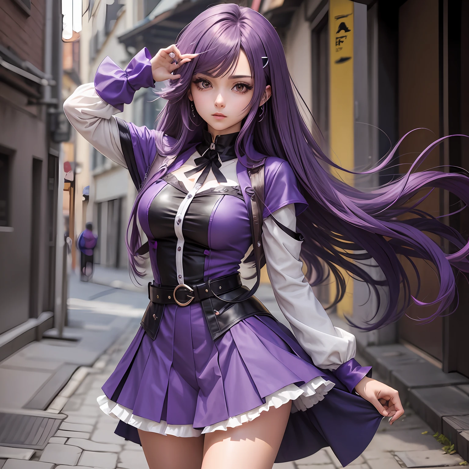 personagem de anime feminino, com roupas na cor roxa, cabelo curto roxo, fazendo cosplay --auto