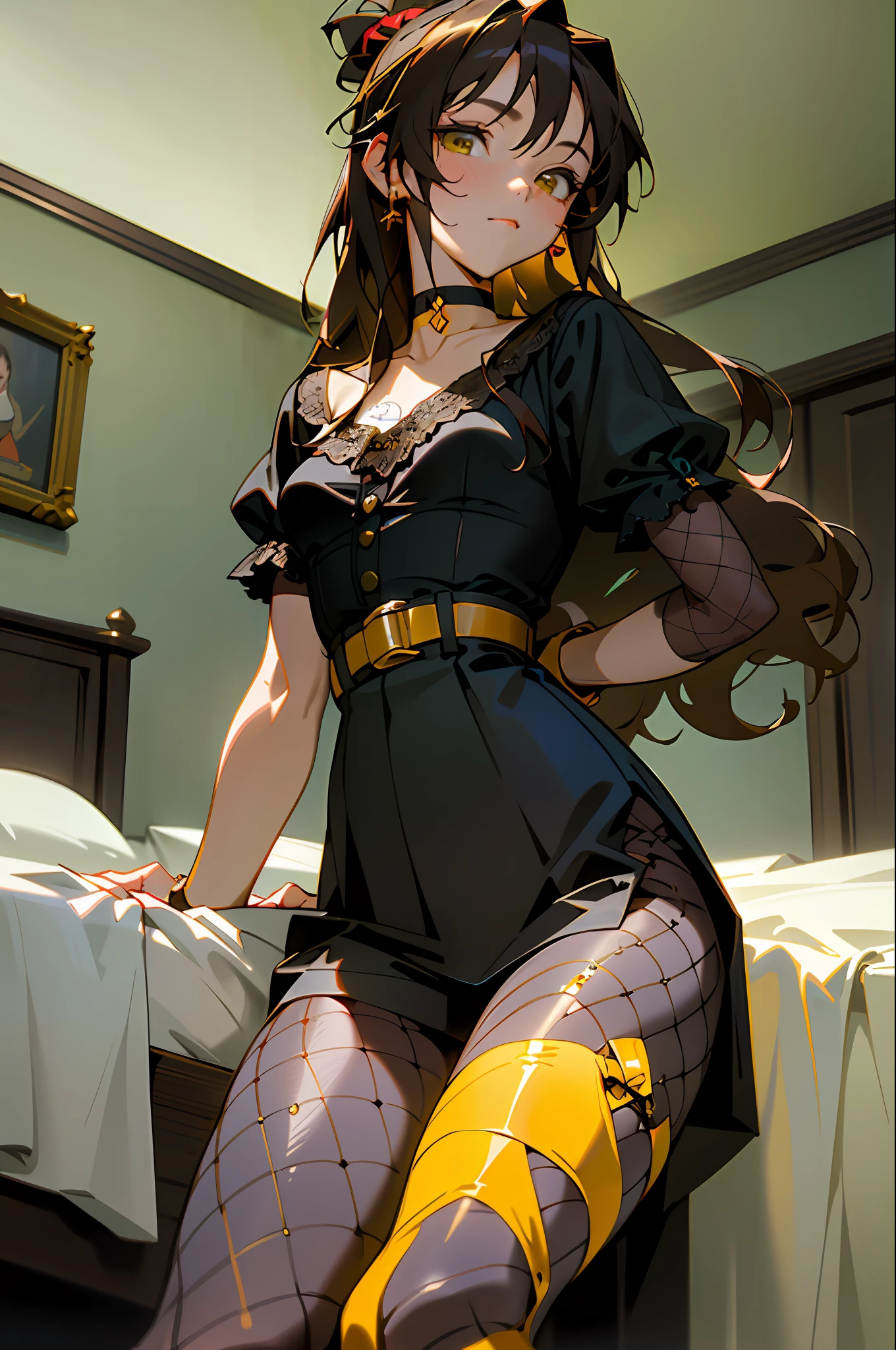 (top-quality:1.1), (​masterpiece:1.4), (absurderes:1.0), portlate, a closeup,
1girl in、yuuki mikan、brown haired、yellow  eyes、hair adornments、length hair、top knot、hair wavy、small tits、Black lace underwear、garterbelts、fishnet tights、a choker、looking at the viewers、Bedroom