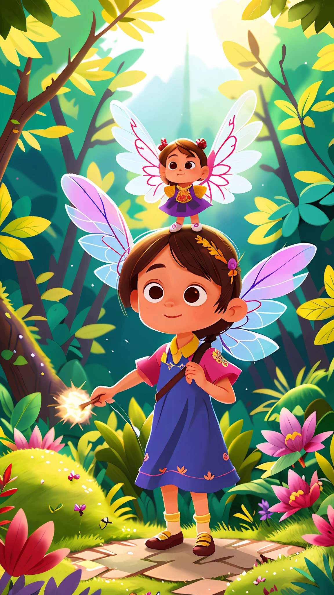 A beautiful little fairy, wearing a lovely violet dress, compassion, empathy, holding a magic wand, flying, in the middle of the enchanted forest, with beautiful wings on her back, perfect quality, clear focus (mess - house: 0.8), (masterpiece: 1.2) (Realistic: 1.2) (Bokeh) (Best quality) (Detailed Skin: 1.3) (Intricate Details) (8K) (Eye Detail) (Sharp Focus)