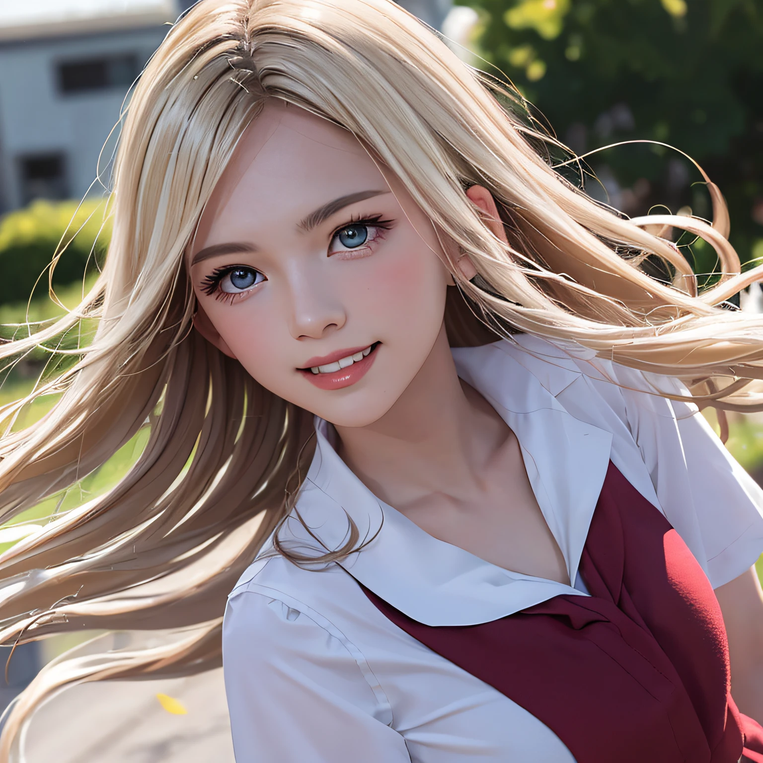 (8K, RAW Photos, of the highest quality, Masterpieces: 1.2), (Realistic, Photorealistic: 1.37), Highest Quality, Ultra High Resolution, light  leaks, Dynamic lighting, Slim and smooth skin, (Full body:1.3), (Soft Saturation: 1.6), (Fair skin: 1.2), (Glossy skin: 1.1), Oiled skin, 22 years old, Night, shiny white blonde, Well-formed, Hair fluttering in the wind, Close-up shot of face only, Physically Based Rendering, From multiple angles, A big smile, School uniform, Pleated skirt, Beige vest, thunderstorm, The Flash,