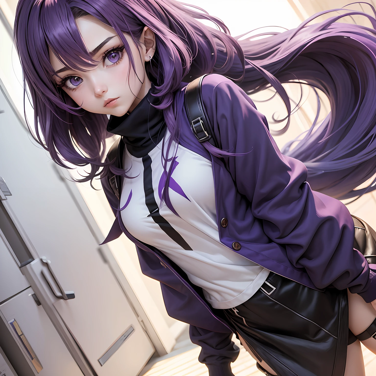 personagem de anime feminino, com roupas na cor roxa, cabelo curto roxo, fazendo cosplay --auto