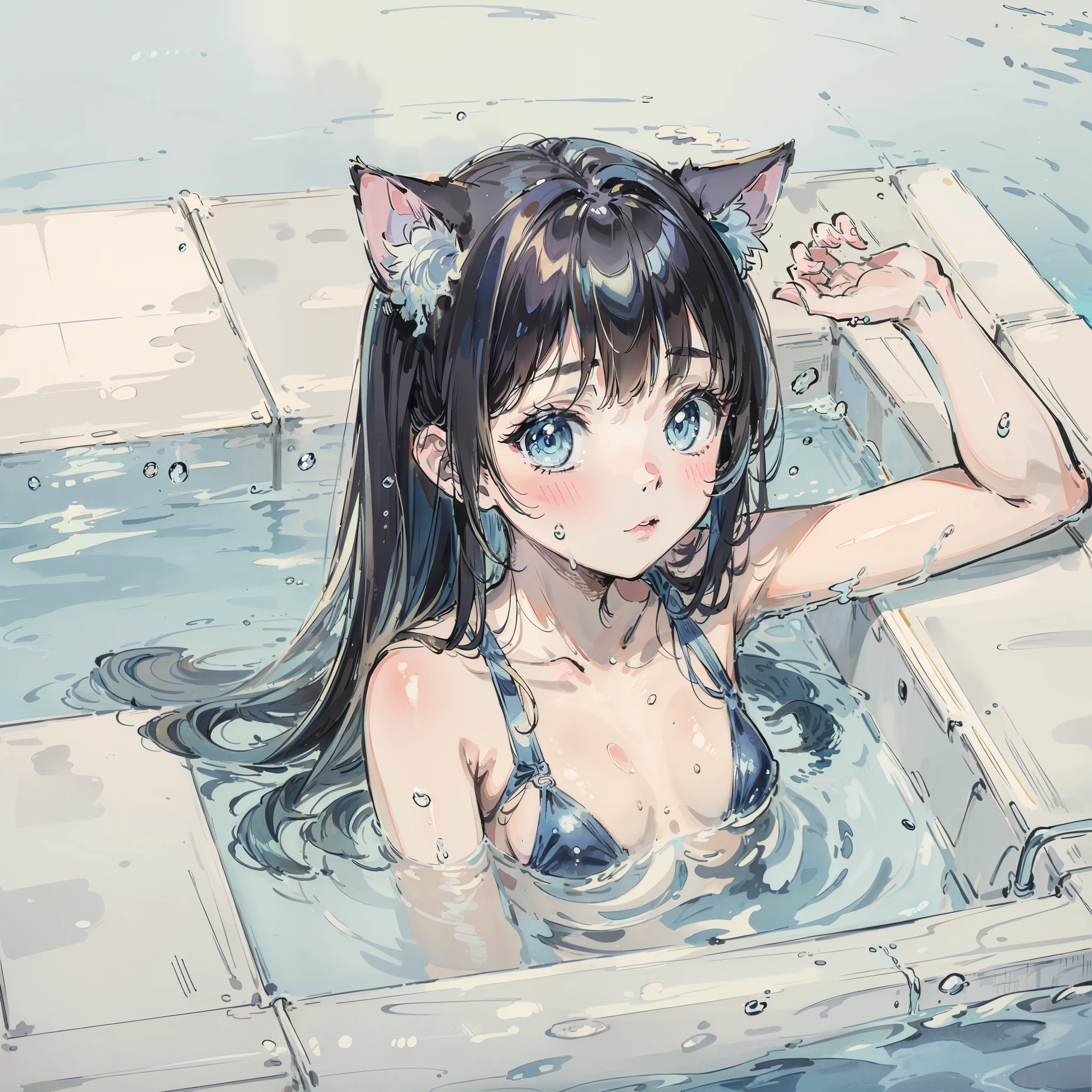top-quality、masterpiece、Light blue、Take a cute cat、swimming pools