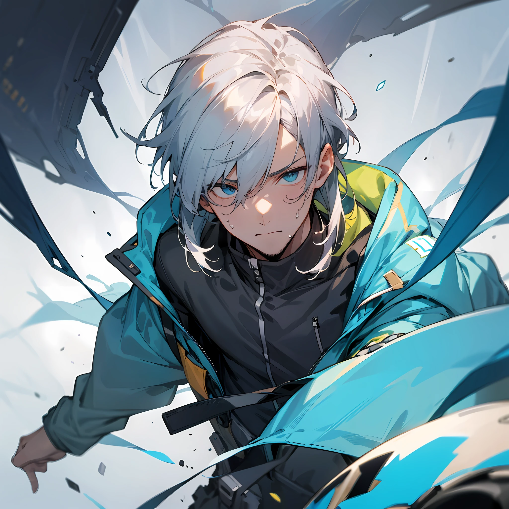 of a handsome man,Clear facial features,Wide jacket,full of sweat,Immerse yourself in an immersive game world,The background is the formation