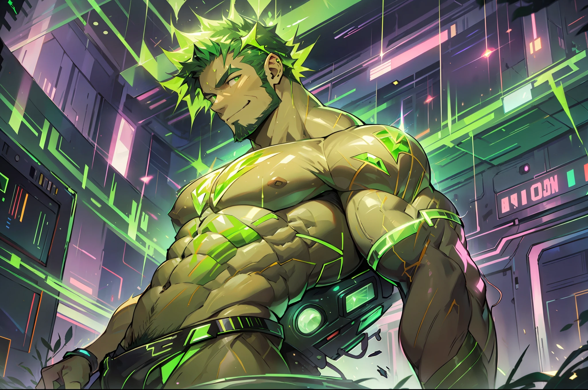 (masterpiece: 1.2), (very detailed: 1.2), (perfectly detailed), (very detailed and beautiful: 1.1) solo, 1 boy, male only, muscular male, Michelangelo style, cyberpunk, electronic world, (Mens tanga, outline of lid, swelling of underwear), naked, full nudity, statue, fluorescent green hologram male statue, electronic spirit, From below, low angle, buttocks, slightly surprised and shy smile,, dynamic pose, energetic and powerful young man, transparent fluorescent green skin, transparent Emerald electronic hologram skin, hypermuscle, huge body, humanoid, non-human, transparent body made of hologram that emits fluorescent green, emerald eyes that emit fluorescent green, transparent hair made of bugged cropped fluorescent green, see-through texture of shimmering electronic hologram, fluorescent green beard made of hologram, emerald jewels buried in body, adult male, manly expression, super buff handsome muscle guy, huge pectoral muscle, hyper muscle, beefcake , List of Binary Zero One Digital Numbers, Cyber World, Hyper Pecs, LightningMagicAI