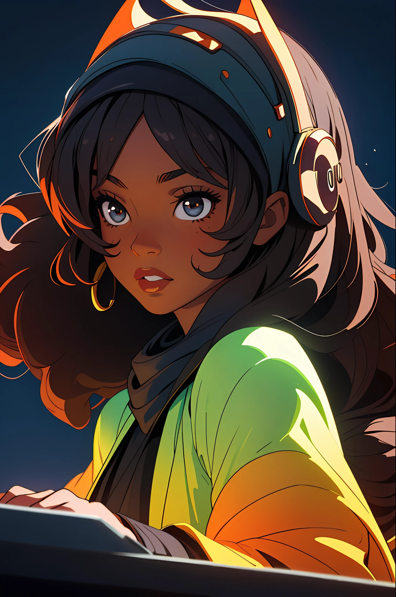 (best quality, masterpiece), 1girl, dj, dark skin, curly hair, hijab, backlighting,