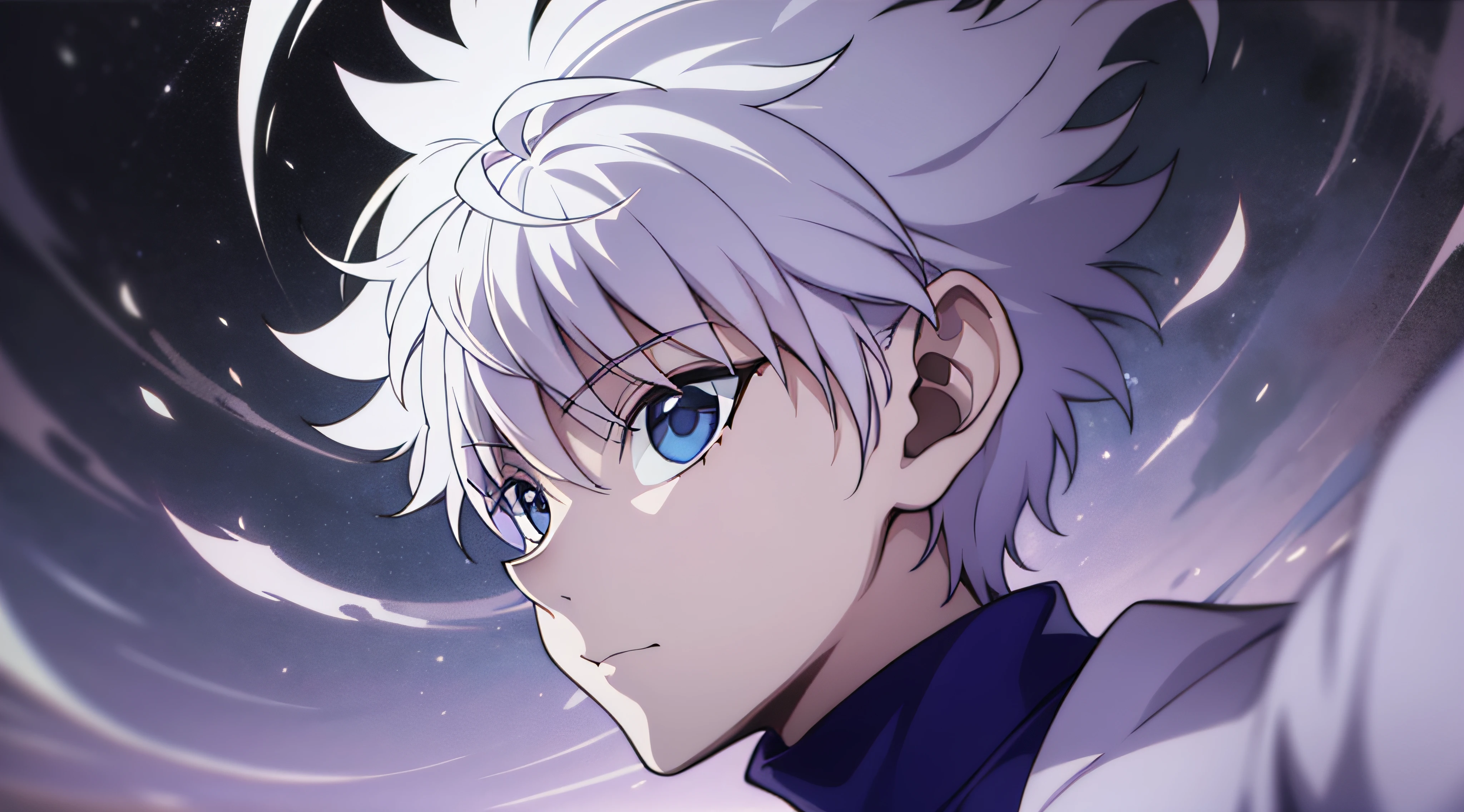 "obra-prima, Maximum quality, ultra detalhado, amazing illustration, dynamic scene, Impressive angle, retrato de Killua Zoldyck, cabelo prateado, olhando diretamente para o espectador, in high resolution, em destaque, em 8k"
