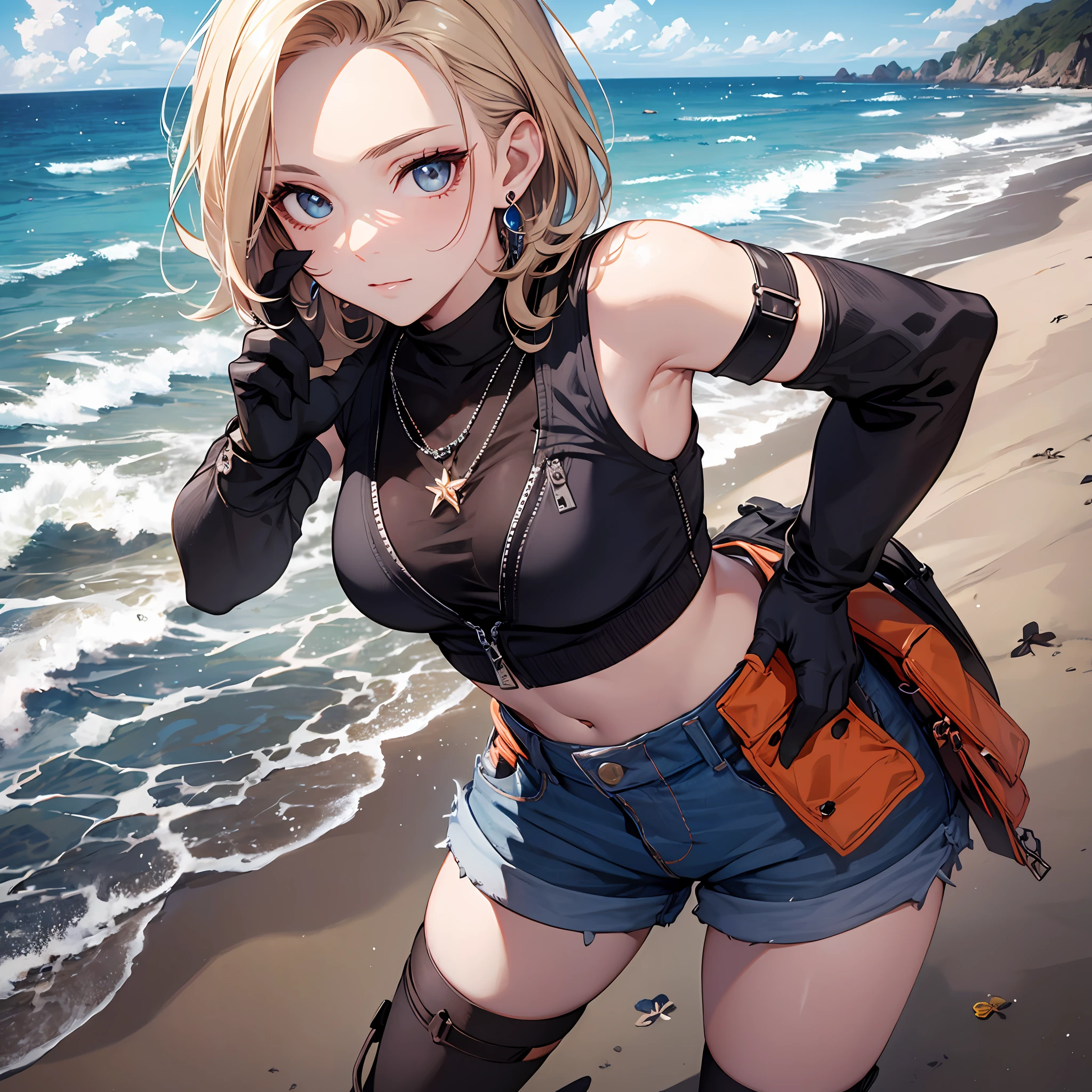 Steppiece, Best Quality, Ultra-detailed, Absurd, Portrait of cute android18DB, Realistic face, Solo, earrings, Jewelry, , brave, Eyeshadow closed, the beach, gloves, Necklace, Rock, Standing, fighting position, Volumetric lighting, Best Quality, masutepiece, Intricate details, tonemapping, Sharp Focus, Hyper Detailed　short pants　sleeveless