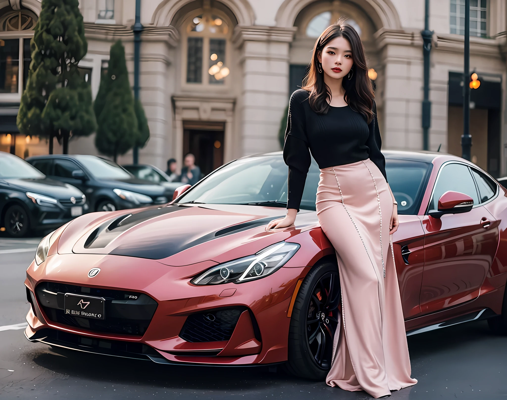 Imagine the highest quality photos。The background is a sophisticated cityscape、A luxury sports car is shining a bright light。Beautiful long-haired female model in tight knitted dress posing in front of sports car。
Her knitted dress is an elegant pink color、Fit the body、Highlights beautiful curves。The material of the dress has a sense of luxury、Glossy。Her long hair was soft and wavy.、It sways in the wind to create an elegant atmosphere。
Female model looking at camera with confident expression.、The poses are attractive with a sophisticated posture。Fusion of beautiful figure and sports car、It further emphasizes the feeling of luxury and glamour。
A photograph that captures a wonderful moment that conveys the charm of luxury and fashion。.、It will make your viewers feel a gorgeous world。Elegant pose of the model and the glamorous sight of a sports car、It is a photo that exudes an attractive sense of luxury..。