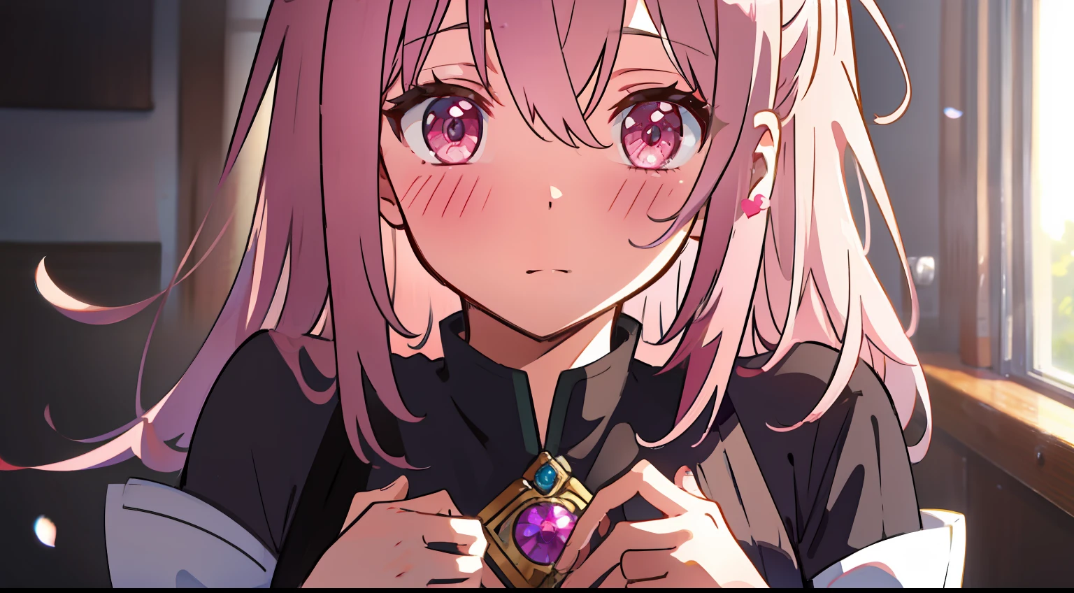 One girl、Pink hair、Long、confession、red blush、Put your hands in front of your chest、masterpiece、top-quality、Top image quality、cute little