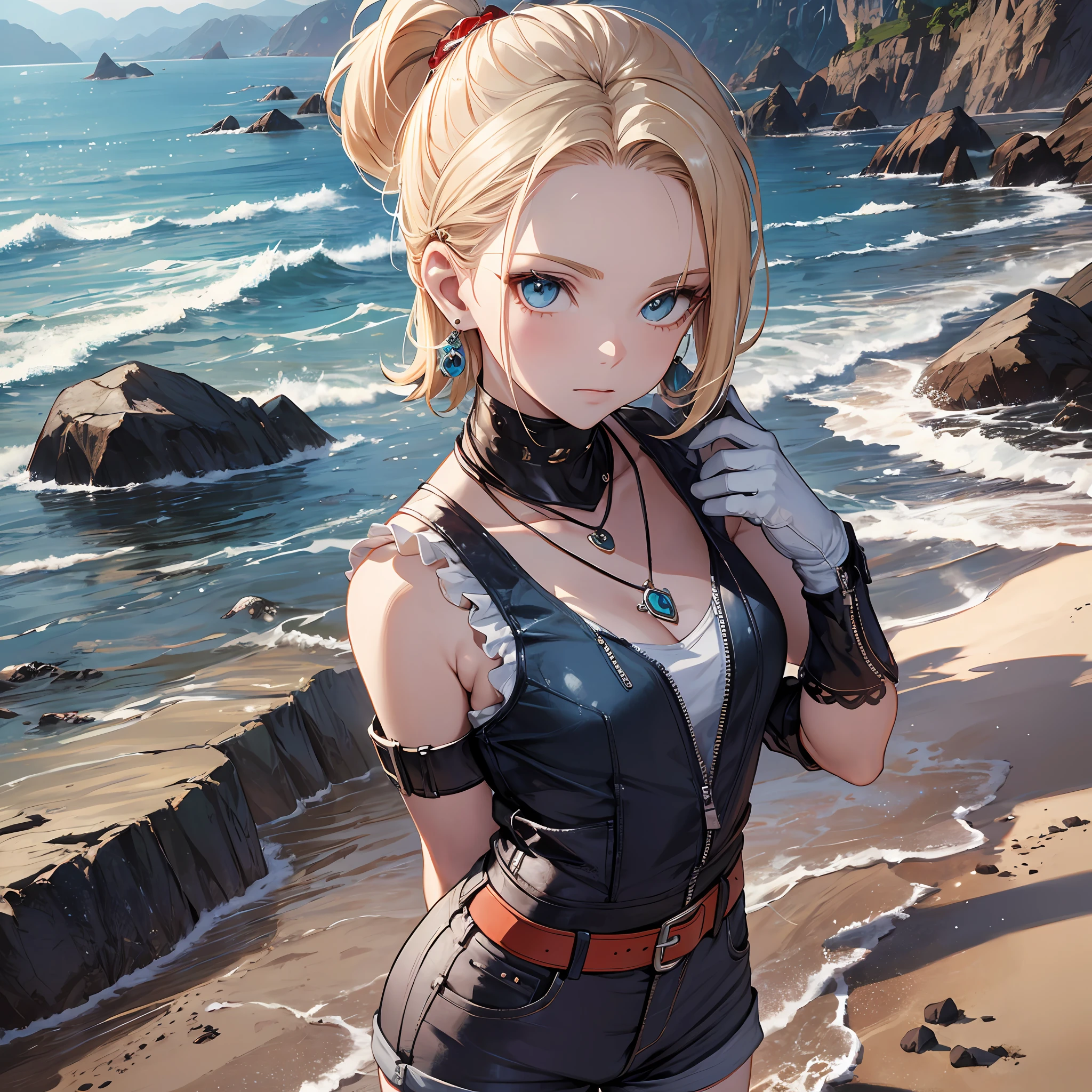 Steppiece, Best Quality, Ultra-detailed, Absurd, Portrait of cute android18DB, Realistic face, Solo, earrings, Jewelry, , brave, Eyeshadow closed, the beach, gloves, Necklace, Rock, Standing, fighting position, Volumetric lighting, Best Quality, masutepiece, Intricate details, tonemapping, Sharp Focus, Hyper Detailed short pants sleeveless