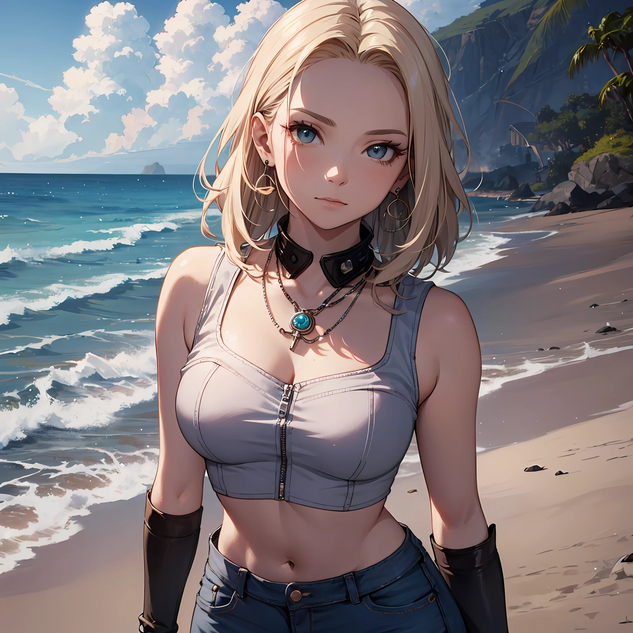 Steppiece, Best Quality, Ultra-detailed, Absurd, Portrait of cute android18DB, Realistic face, Solo, earrings, Jewelry, , brave, Eyeshadow closed, the beach, gloves, Necklace, Rock, Standing, fighting position, Volumetric lighting, Best Quality, masutepiece, Intricate details, tonemapping, Sharp Focus, Hyper Detailed　short pants　sleeveless