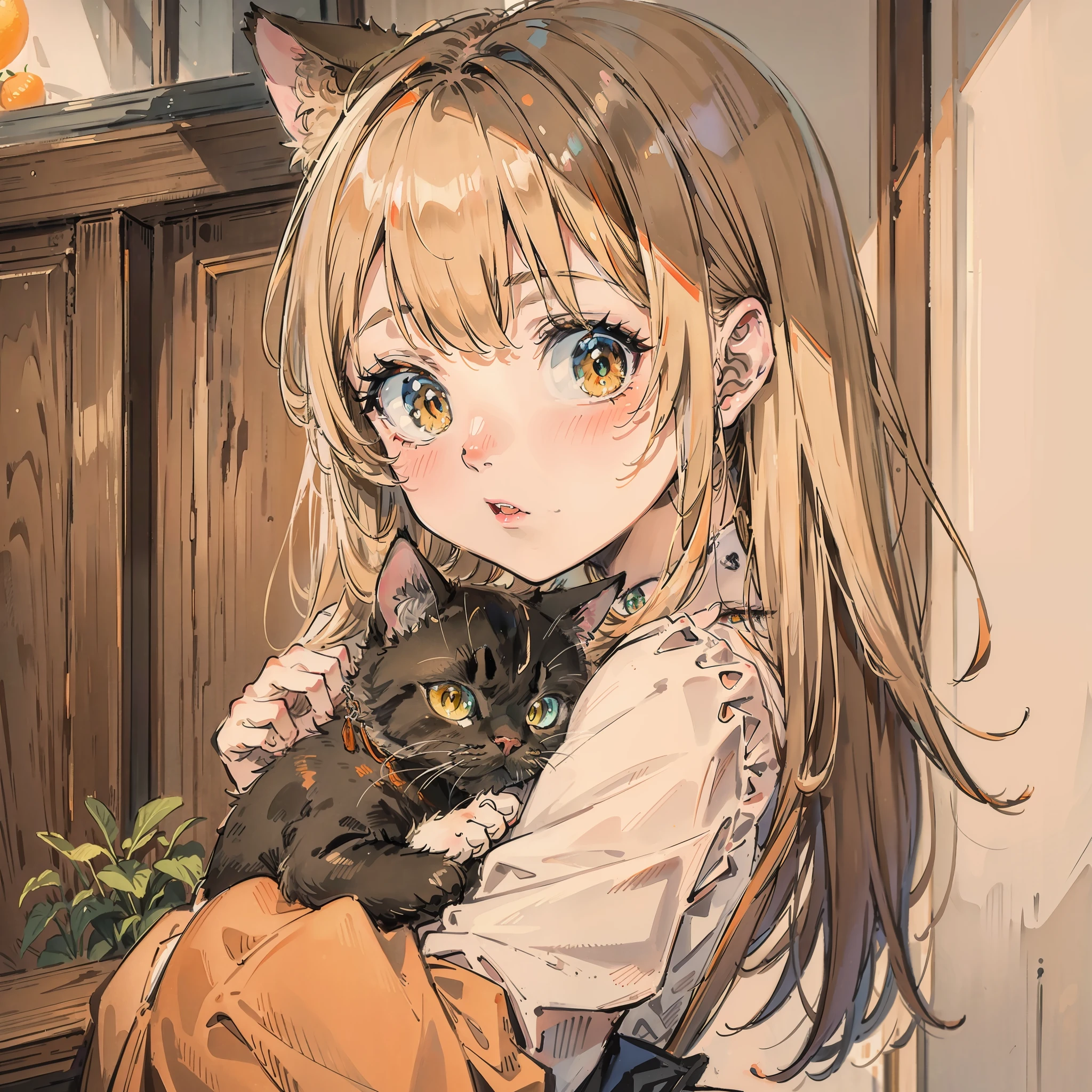 top-quality、masterpiece、orange、Take a cute cat、