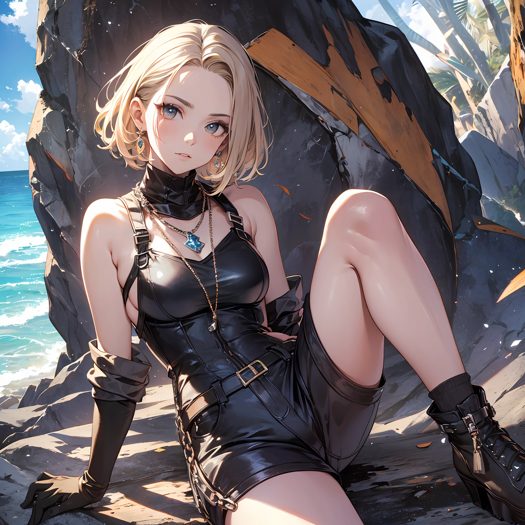 Steppiece, Best Quality, Ultra-detailed, Absurd, Portrait of cute android18DB, Realistic face, Solo, earrings, Jewelry, , brave, Eyeshadow closed, the beach, gloves, Necklace, Rock, Standing, fighting position, Volumetric lighting, Best Quality, masutepiece, Intricate details, tonemapping, Sharp Focus, Hyper Detailed　short pants　sleeveless　beauty legs