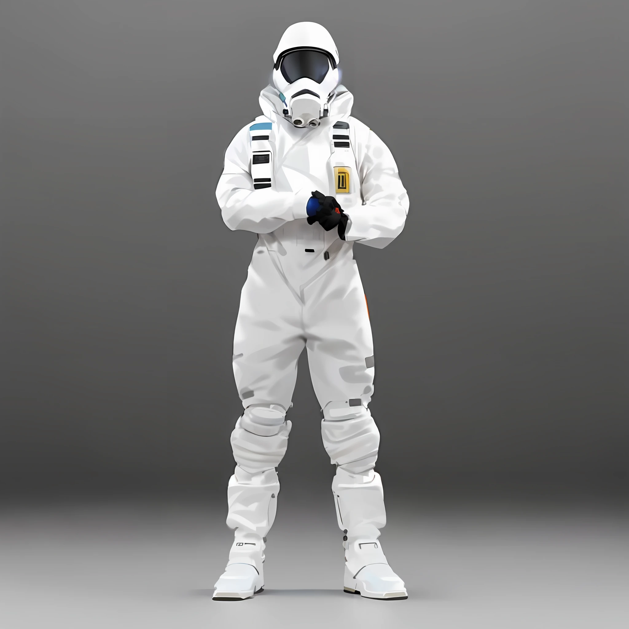 a man in a white space suit with a helmet and a gas mask, technical suit, fully space suited, wearing human air force jumpsuit, science fiction suit, Foco no traje de voo anti-G, traje espacial, traje espacial futurista, traje espacial moderno, science fiction space suit, sci - terno fi, terno hev, vestindo roupas espaciais, Traje de voo de tecnologia