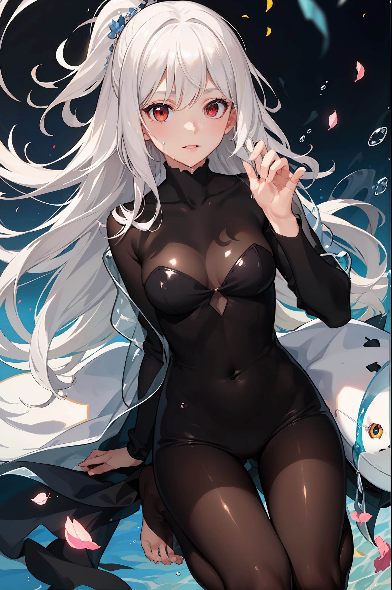 [(Transparent background:1.5)::5],(((Masterpiece))),(((Best quality))),(((Extremely detailed))),illustration, 1girll,Solo,mysterious,vivd colour,Shiny, Underwater transparent sealed hemispherical glass dome, White hair,Red eyes, full body,Barefoot,Long hair is calm and natural, Koi,Underwater, Dome,Close up,Dynamic actions,Lens perspective,(((Box composition))), (Detailed face:1.2),Shiny eyes, view the viewer,(PureErosFace_V1:0.8), Cityscape,1girll,Solo,tightsuit,(fishnets pantyhose|off the shoulder dress:0.8),Wet,,view the viewer,(eyeslashes:1.1), (cheerfulness:1.21),(Depth of field:1.1), Lens flare, (color difference:1.1), (Caustics:1.1), (scattered luminous petals:1.331), (Style - GBF:0.75),(Highly detailed face:1.1),tiktok,Dynamic Angle,(wide angles:1.1),(Portrait:0.5),（（（long whitr hair）））