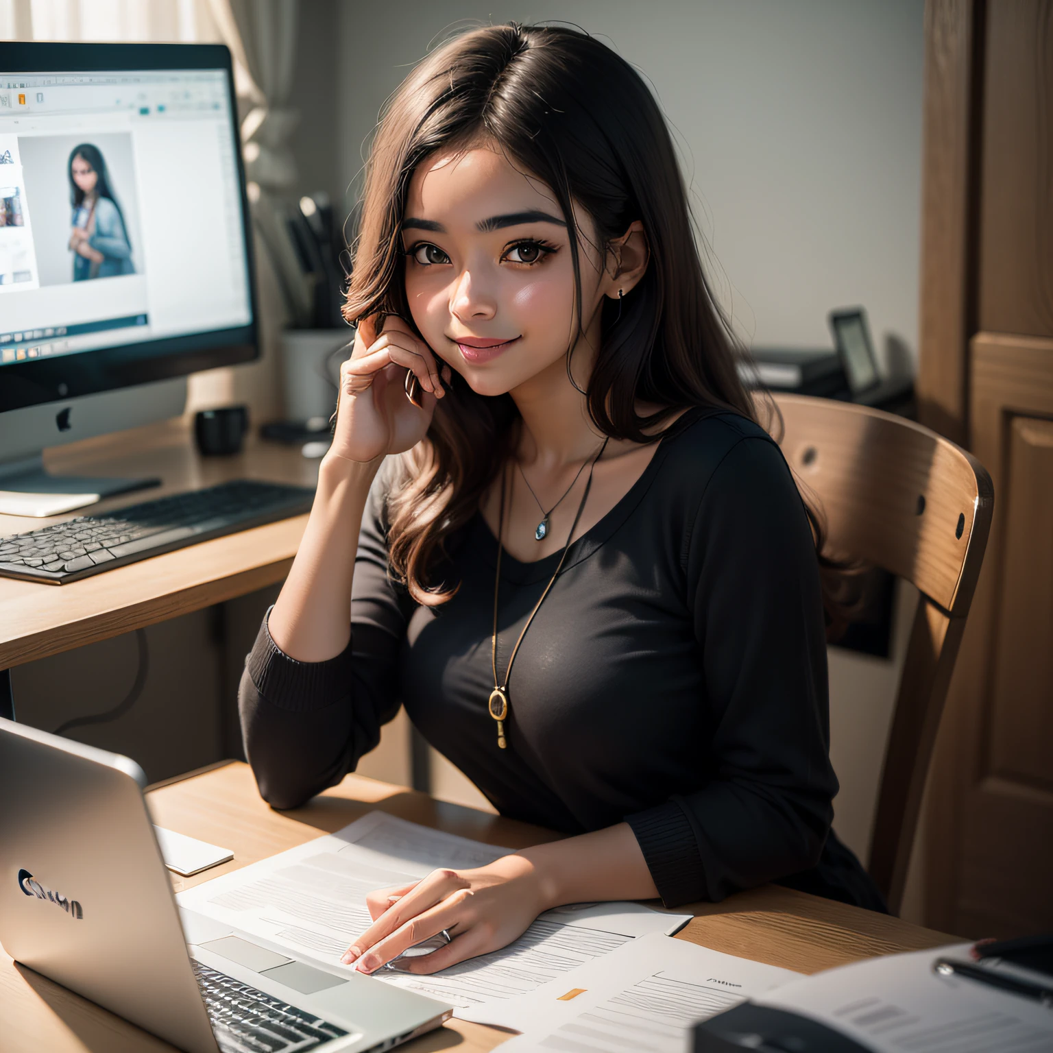 there is a woman sitting at a desk with a laptop computer, uma aluna hiperrealista, estudo elegante, Cyber Escola , aluna hiperrealista, Tirada com Canon EOS 5 D Mark IV, Menina na vida real, Trend in CGTacing:, office clothes, menina corearado com Canon 5D MK4, Estudante realista, Pose elegante e bonito, lendo,agradeçida, sorrindo
