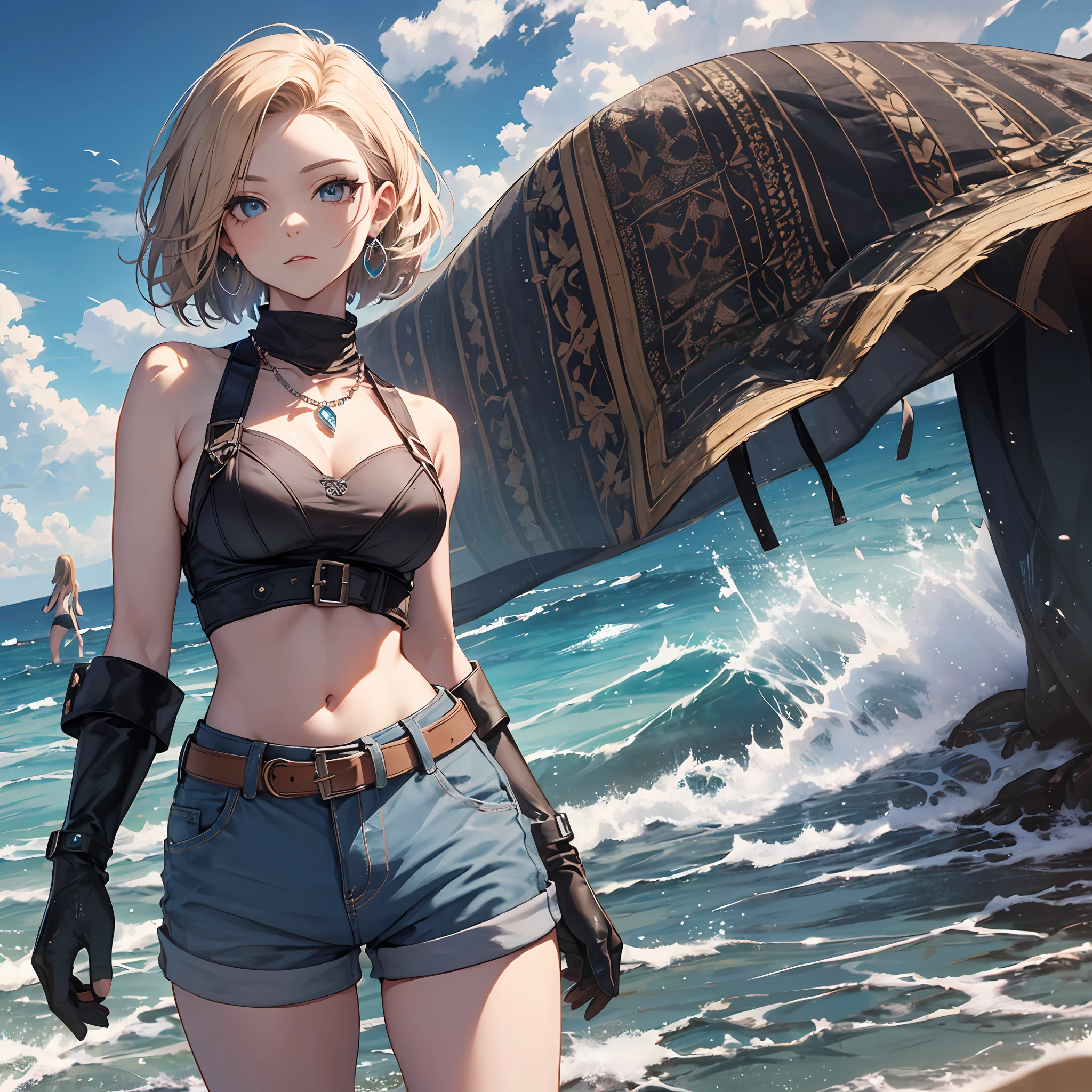 Steppiece, Best Quality, Ultra-detailed, Absurd, Portrait of cute android18DB, Realistic face, Solo, earrings, Jewelry, , brave, Eyeshadow closed, the beach, gloves, Necklace, Rock, Standing, fighting position, Volumetric lighting, Best Quality, masutepiece, Intricate details, tonemapping, Sharp Focus, Hyper Detailed short pants sleeveless beauty legs