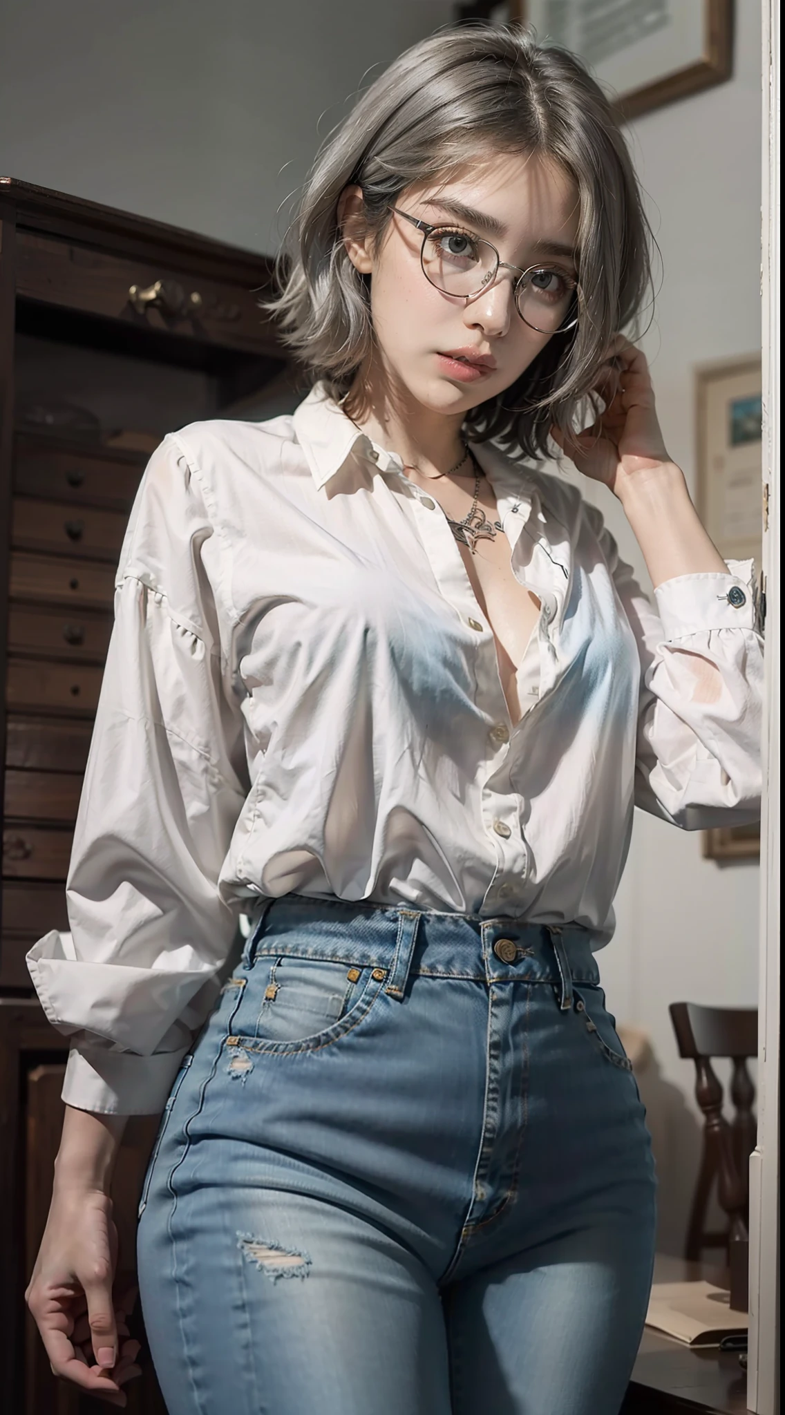 masterpiece, best quality, realistic, highly detailed, 1girl, solo, cowboy shot, preaty girl, red eyes, silver hair, short hair, glasses, thin lips, large breats, Shirt, unbuttoning a shirt, skinny jeans, sexy look, tatto,
