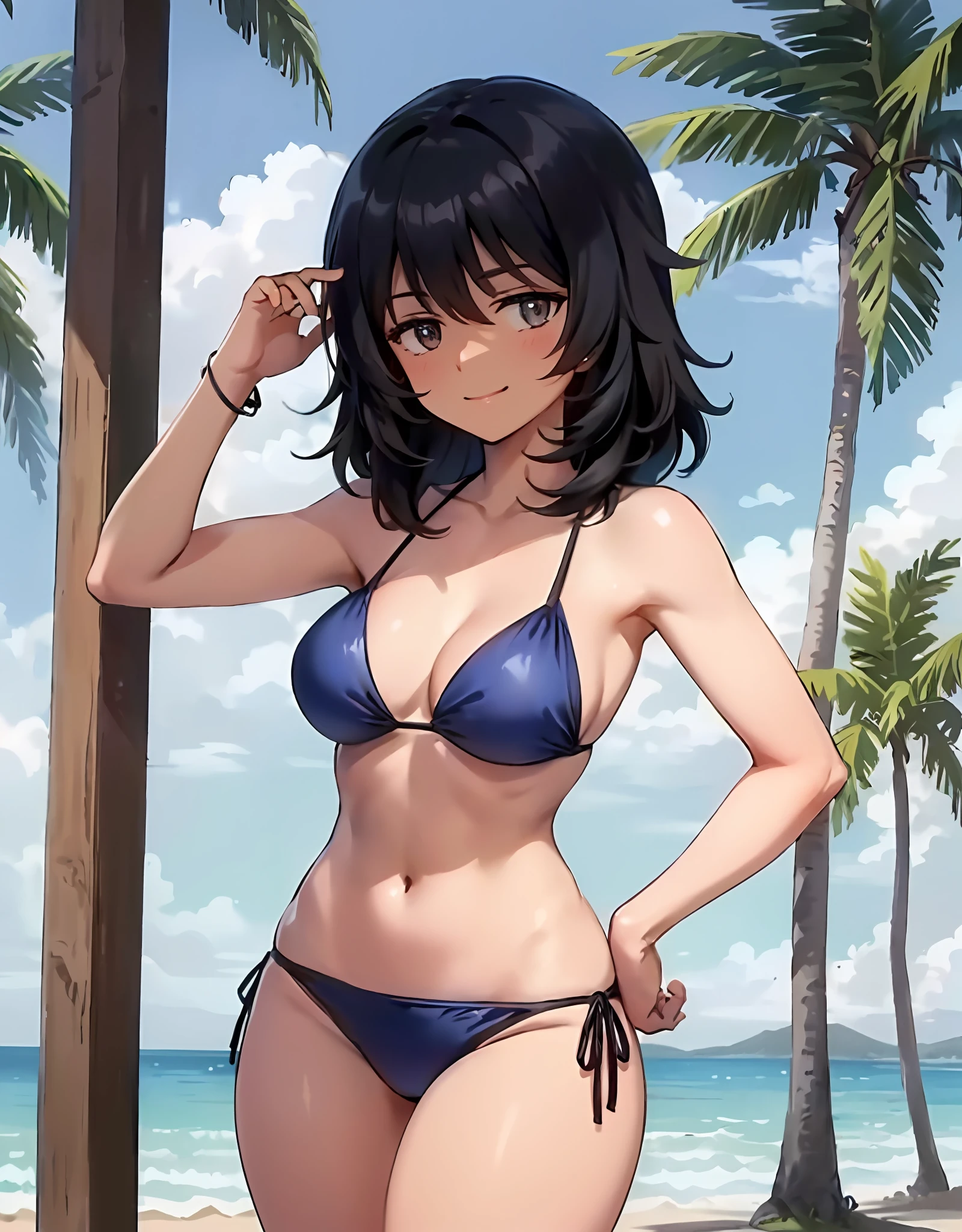 ((masterpiece)), (((best quality))), ((ultra-detailed)), (((illustration))), detailed face, ultra cute face, detailed body, ((1girl)), ((solo)),looking at the viewer, closed mouth, smile, cowboy shot, hand on hip, girls und panzer, Andou, (dark skin:1.3), medium hair, black hair, brown eyes, messy hair, ((dark blue bikini)), tight bikini, side tie bikini, standing on beach, palm trees, medium breasts, perky breasts, wide hips, (thick thighs),