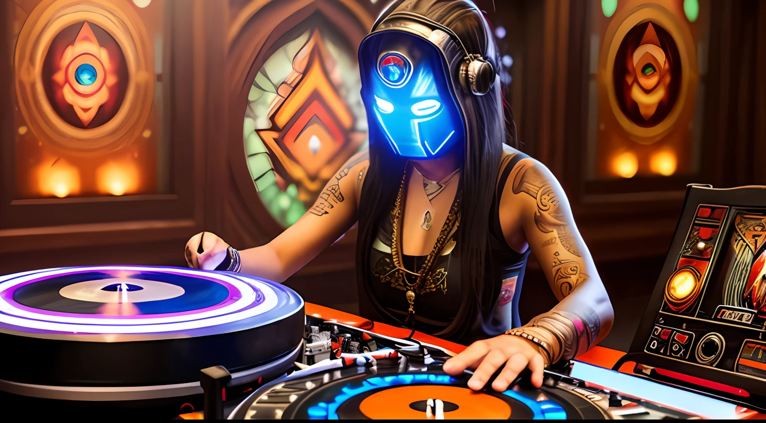Young tantric priestess with percings tattoos and an ironman mask on her body mixing on a dj turntable in an ultra-realistic photo temple --auto