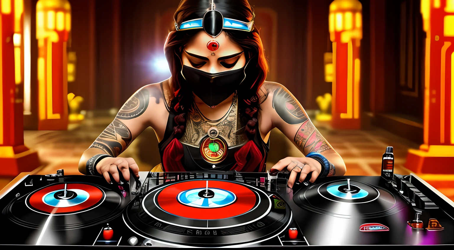 Young tantric priestess with percings tattoos and an ironman mask on her body mixing on a dj turntable in an ultra-realistic photo temple --auto