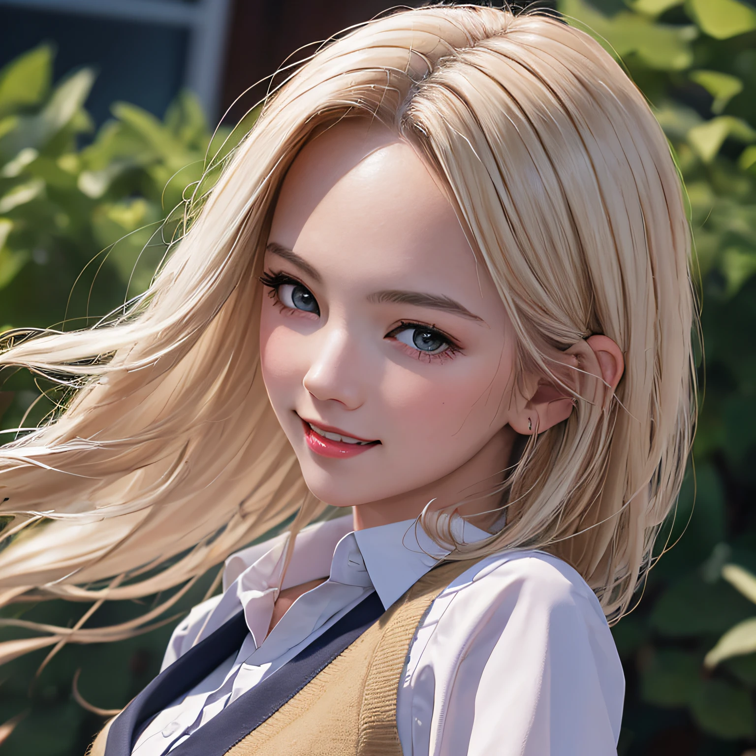 (8K, RAW Photos, of the highest quality, Masterpieces: 1.2), (Realistic, Photorealistic: 1.37), Highest Quality, Ultra High Resolution, light  leaks, Dynamic lighting, Slim and smooth skin, (Full body:1.3), (Soft Saturation: 1.6), (Fair skin: 1.2), (Glossy skin: 1.1), Oiled skin, 22 years old, Night, shiny white blonde, Well-formed, Hair fluttering in the wind, Close-up shot of face only, Physically Based Rendering, From multiple angles, A big smile, School uniform, Pleated skirt, Beige vest, thunderstorm, The Flash,