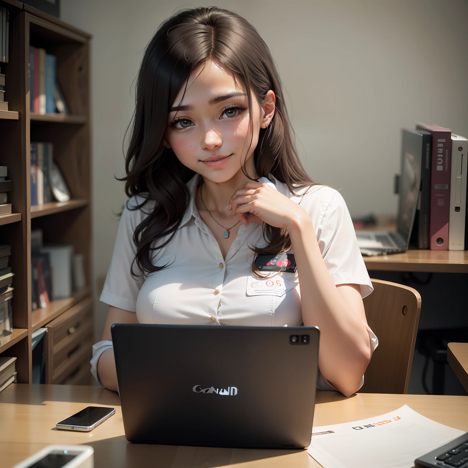 there is a woman sitting at a desk with a laptop computer, uma aluna hiperrealista, estudo elegante, Cyber Escola Menina, aluna hiperrealista, Tirada com Canon EOS 5 D Mark IV, Menina anime na vida real, Trend in CGTacing:, office clothes, menina coreana, Tirado com Canon 5D MK4, Estudante realista, Pose elegante e bonito, lendo,agradeçida, sorrindo
