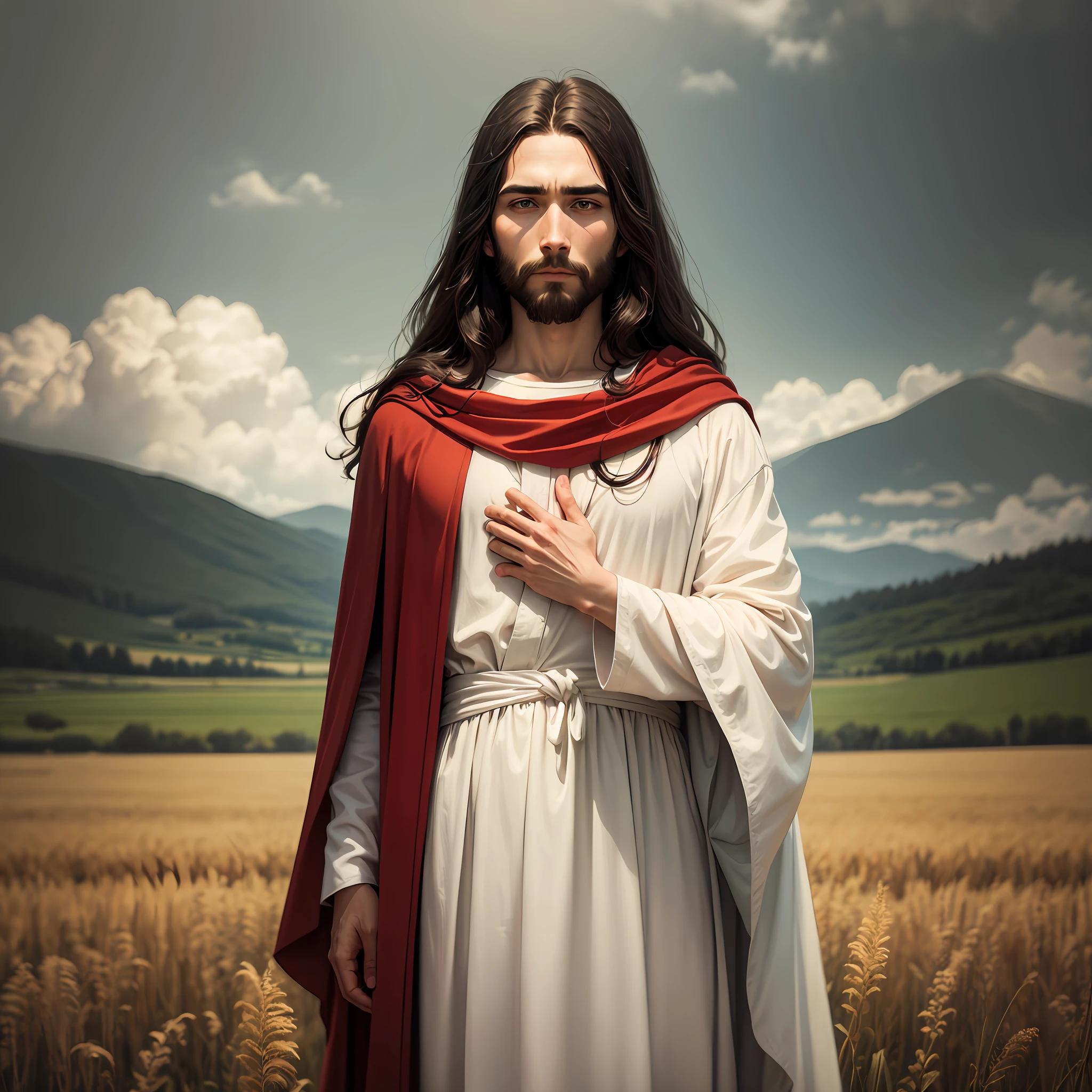 Portrait of Jesus man with a red robe and a white robe standing in a field, he is greeting you warmly, Jesus Cristo, O Senhor e Salvador, Retrato de Jesus Cristo, jesus of nazareth, Vestido como Jesus Cristo, estilo realista. Very high resolution image, alta qualidade, obra prima