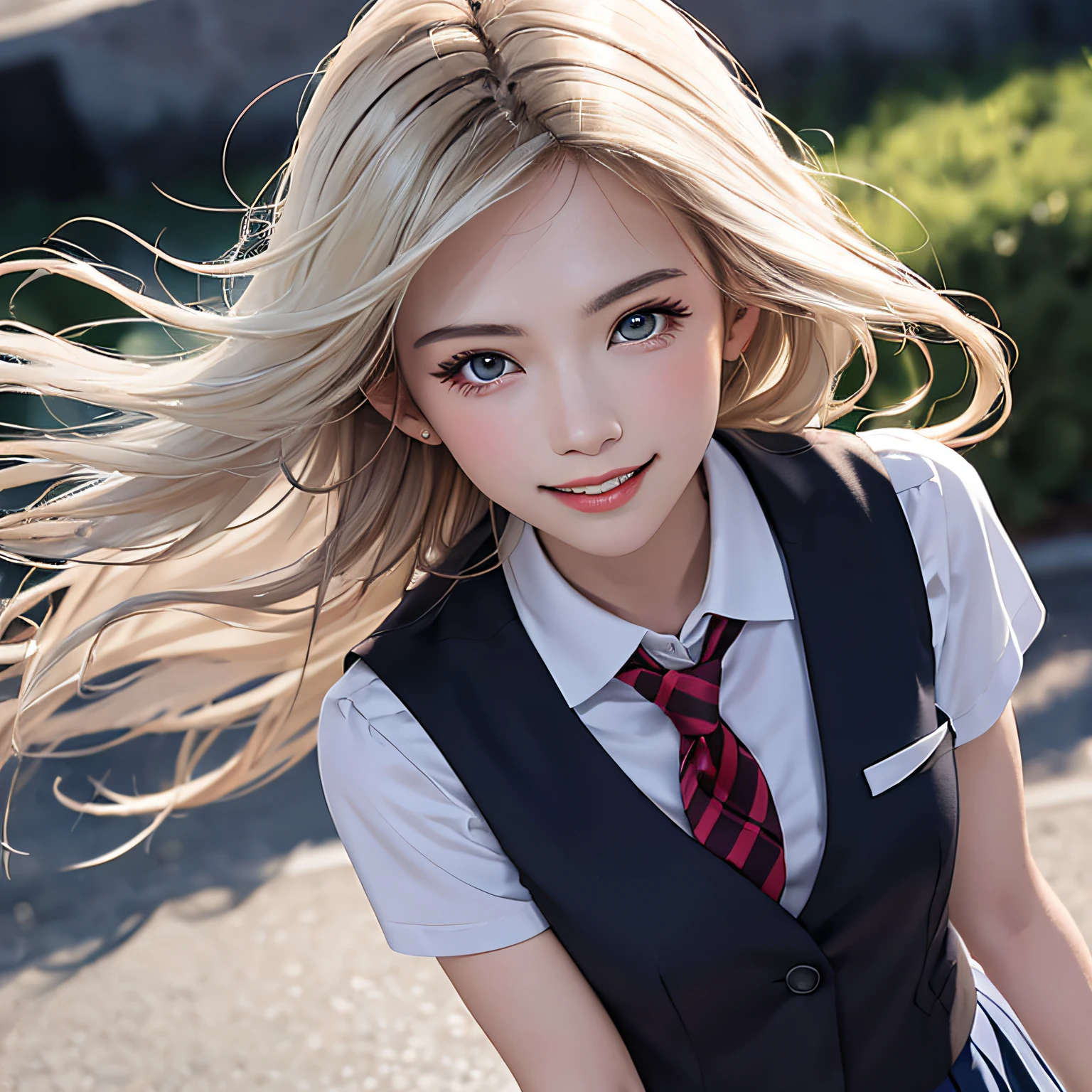 (8K, RAW Photos, of the highest quality, Masterpieces: 1.2), (Realistic, Photorealistic: 1.37), Highest Quality, Ultra High Resolution, light  leaks, Dynamic lighting, Slim and smooth skin, (Full body:1.3), (Soft Saturation: 1.6), (Fair skin: 1.2), (Glossy skin: 1.1), Oiled skin, 22 years old, Night, shiny white blonde, Well-formed, Hair fluttering in the wind, Close-up shot of face only, Physically Based Rendering, From multiple angles, A big smile, School uniform, Pleated skirt, Beige vest, thunderstorm, The Flash,