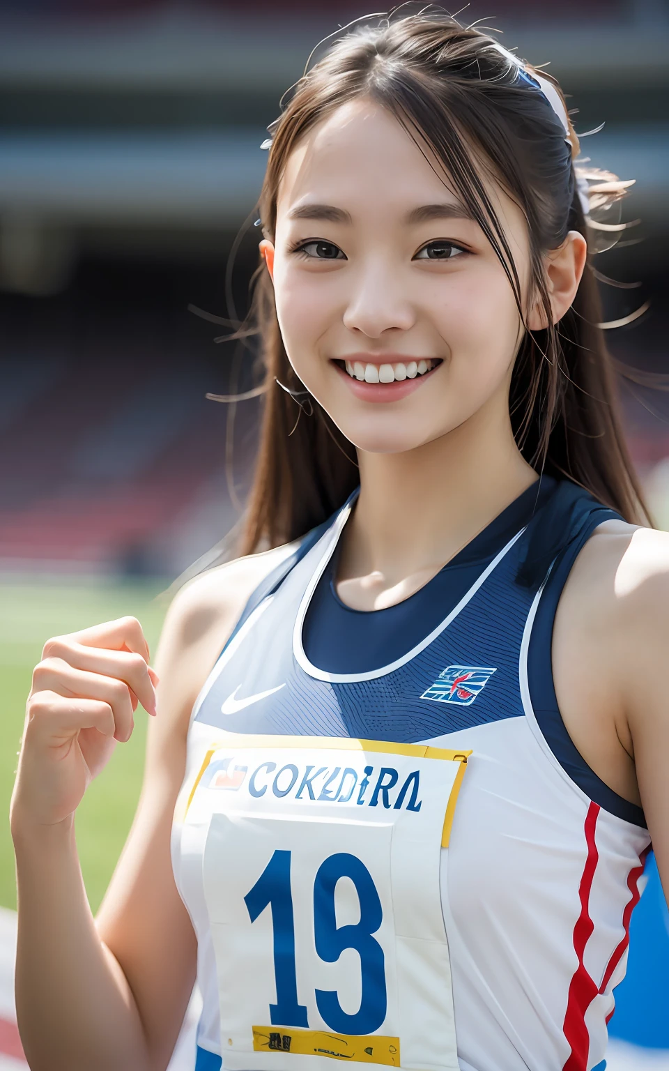 extremely detailed CG unity 8k wallpaper, best quality, ultra-detailed, masterpiece, realistic, photo realistic, extremely detailed cute girl, 25years old, (wearing Track and Field Uniforms), (race bib), smile , half body shot, track-and-field arena