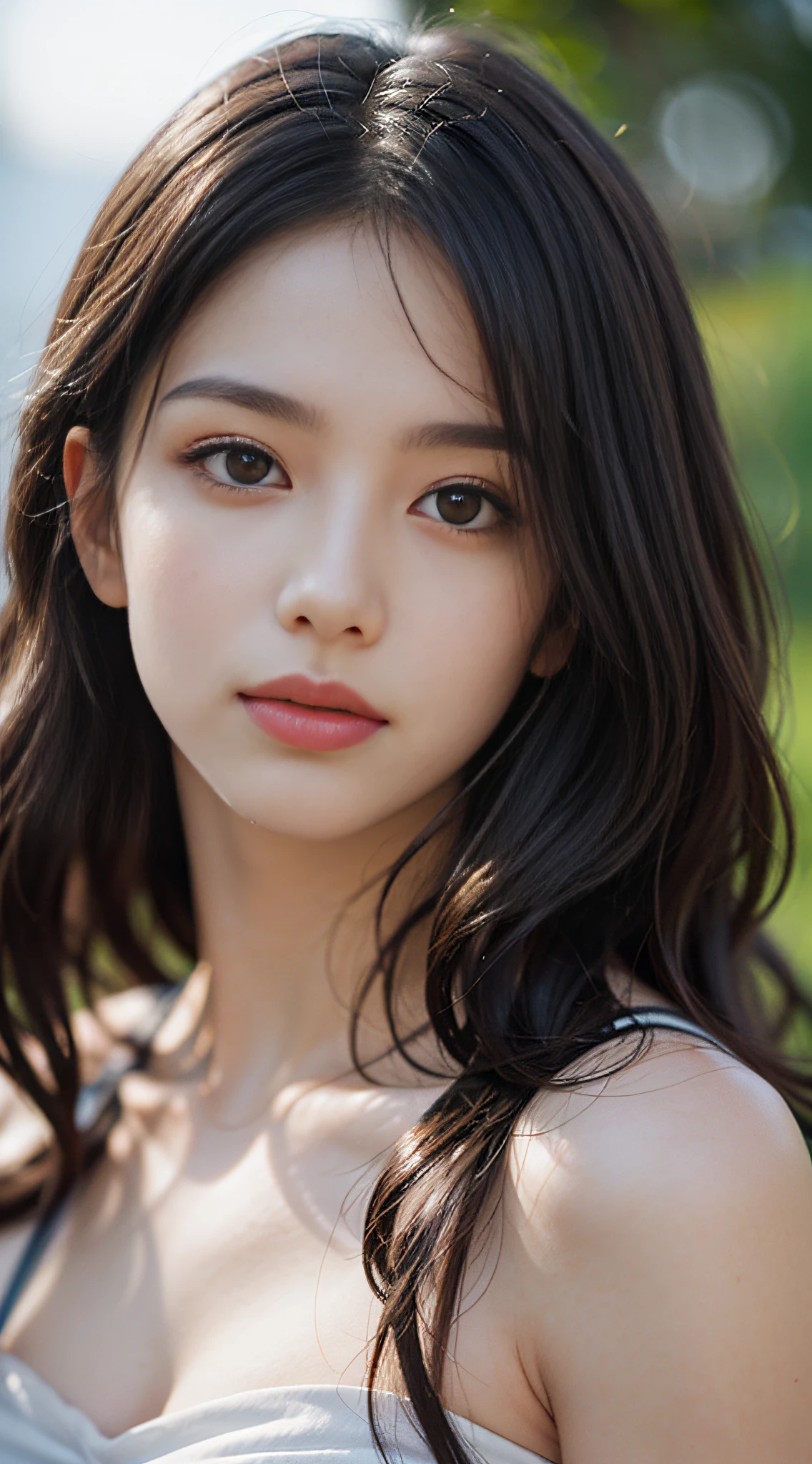 film portrait photography, 1girl, bare shoulders, wavy shoulder-length hair, serene, calm, (realistic detailed eyes, natural skin texture, realistic face details), soft dramatic lighting, depth of field, bokeh, vibrant details, finely detailed, hyperrealistic, 35mm film, hazy blur