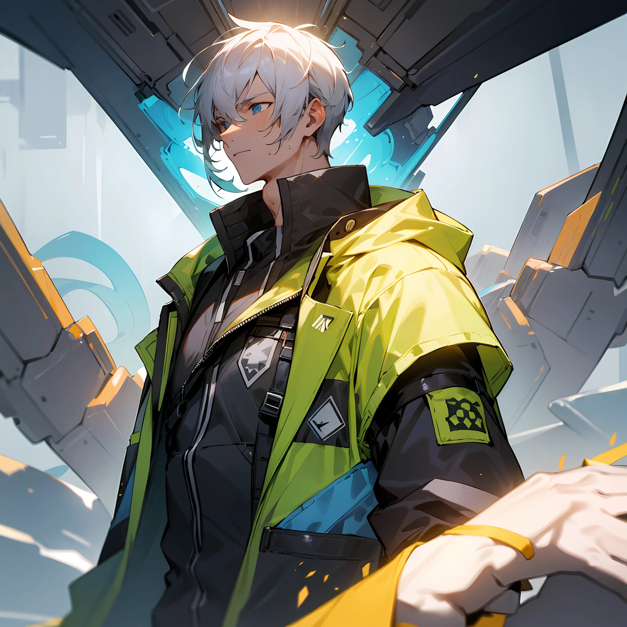 of a handsome man,Clear facial features,Wide jacket,full of sweat,Immerse yourself in an immersive game world,The background is the formation