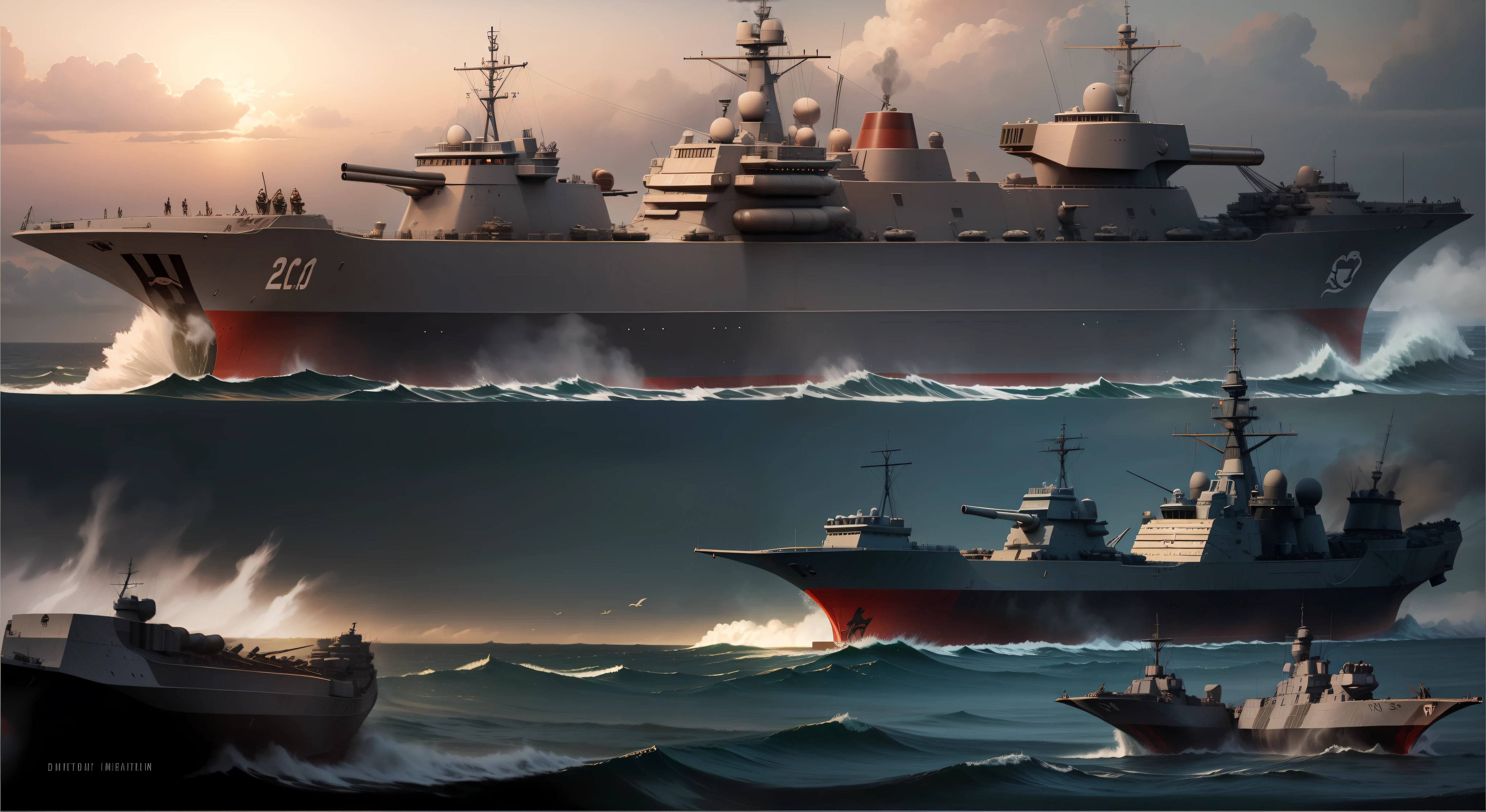 Three warships,de camuflagem .Powerful cannons, battleship