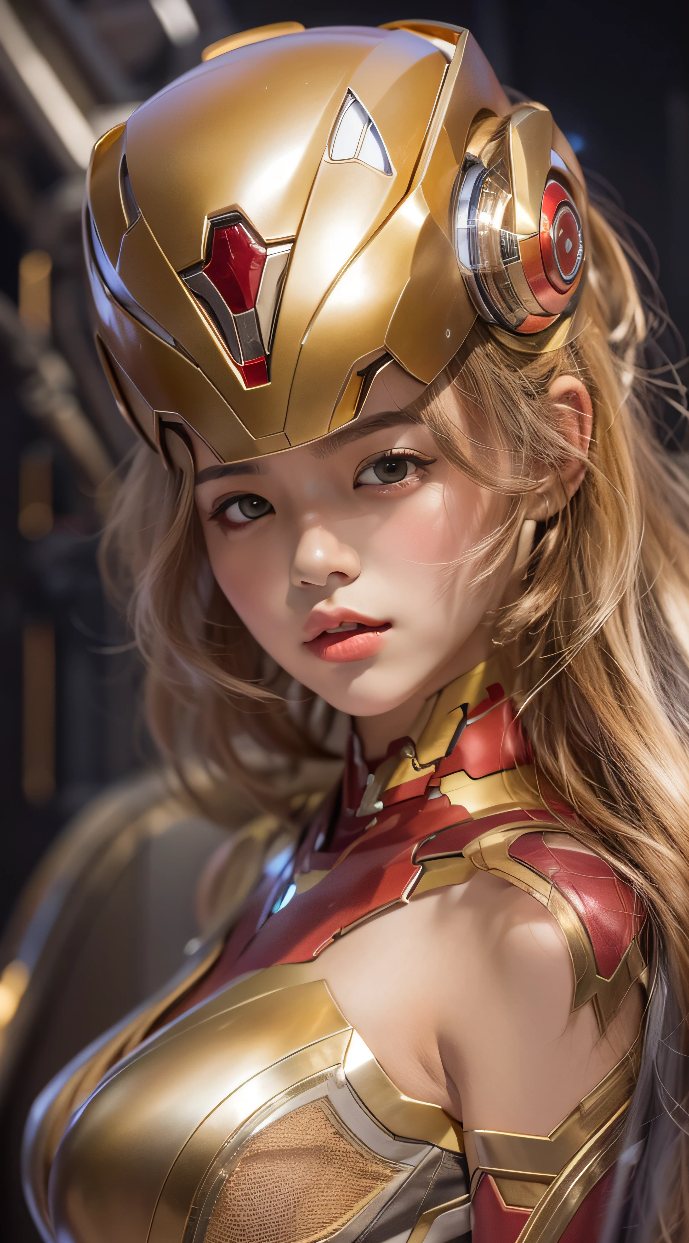 tmasterpiece,1个Giant Breast Girl,,hair adornments,realisticlying,twotonelighting,8K UHD,high high quality,in the background bokeh,Iron Man armor,Golden Iron Man,Iron Man,Warframe wraps around the whole body,Short hair with high detail,A half body,Bust photo,s the perfect face,Ultra-clear face,Elaborate Eyes