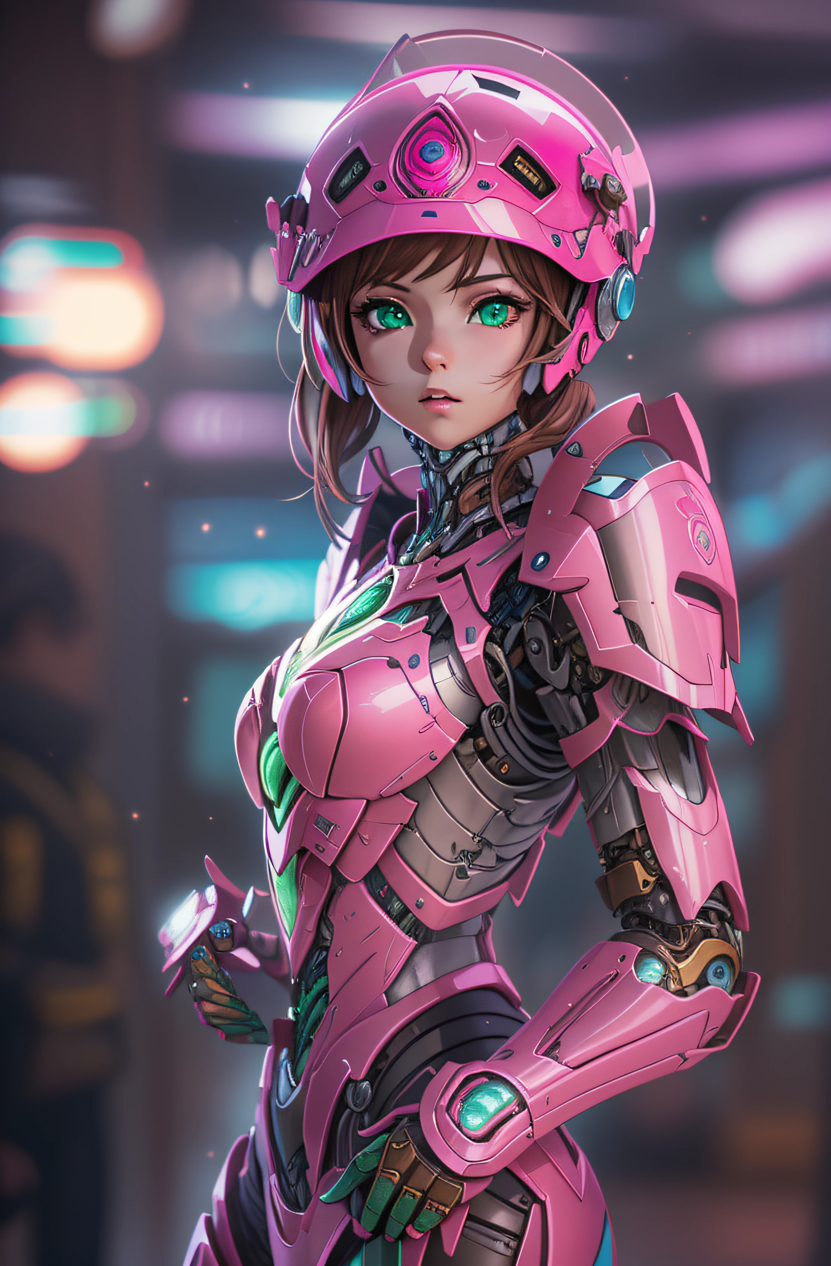 (Super elaborate CG Unity 8K wallpaper, masterpiece, highest quality): (Dynamic Angle, Solo, 1 beautiful Girl, Pink cyborg armor in the style of police uniform, Pink helmet, sparkly green eyes, brown hair)