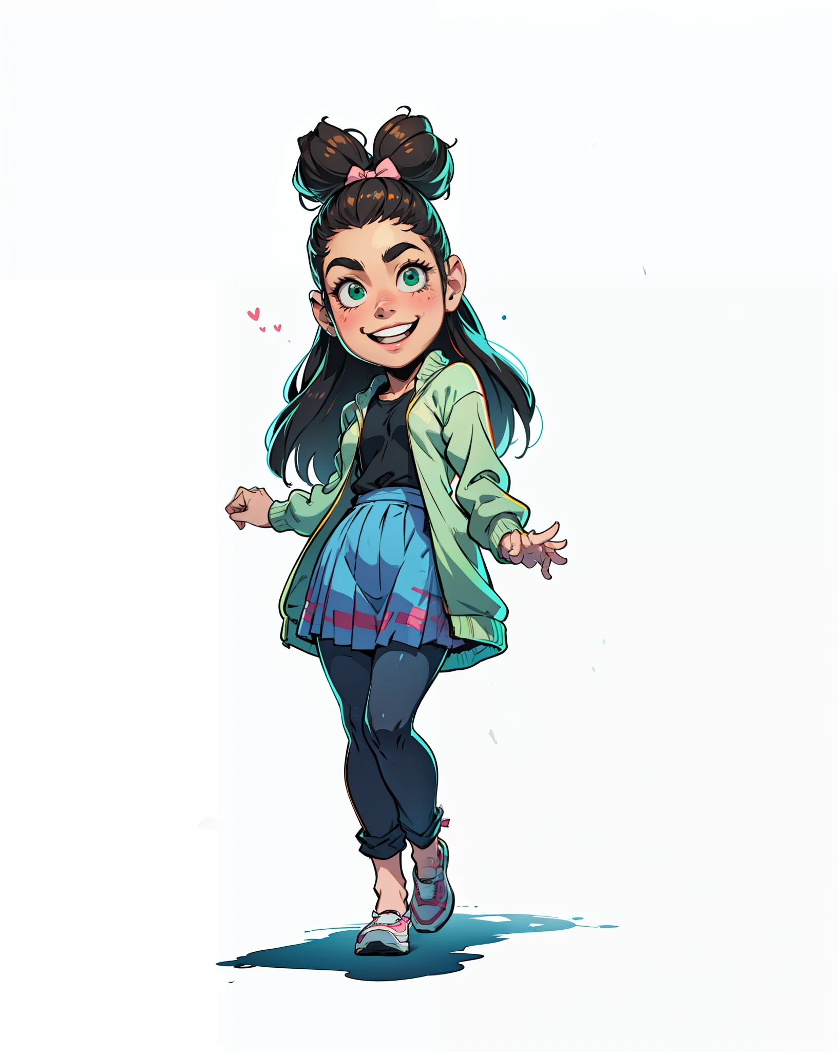 Mulher, estilo dos desenhos animados, sorrindo, loira, pink bow in hair, jalecombranco, camisa verde, tenis branco, pixar style.