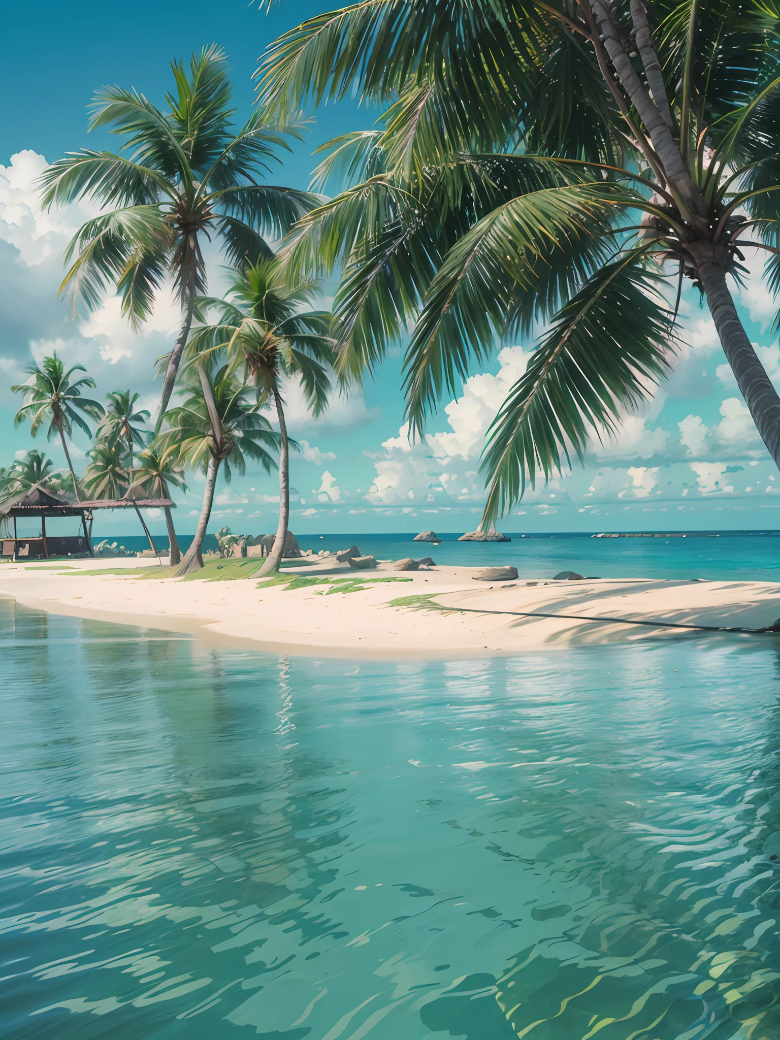 (High quality, high resolution) 3Delight beach scenery, halo 8K, beach details depicted clearly, fresh summer feeling, coconut trees and coconut, full detail.
