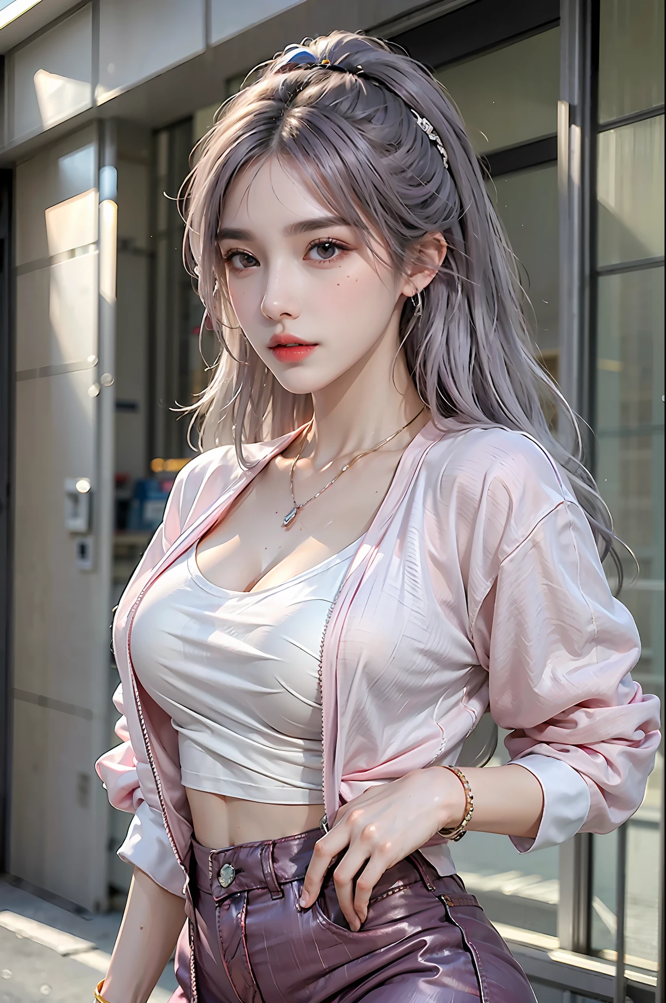 photorealistic, high resolution, 1 girl, hips up, beautiful eyes, wet skin, light purple hair, medium breast, t-shirt, pink skirt , red jacket, streetwear, bracelets,elegant necklace, elegant diamond earrings